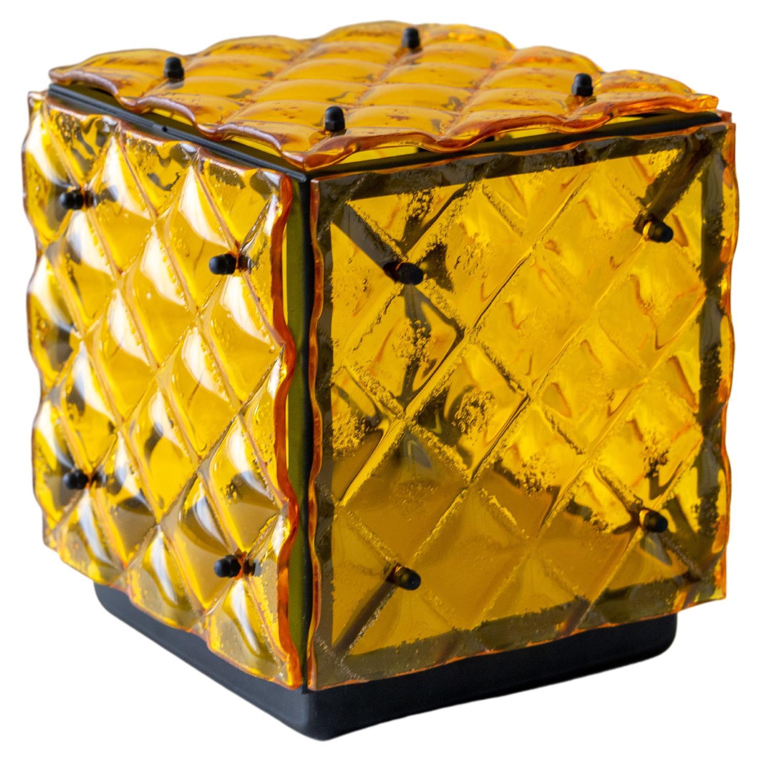 Glass Cube Lamp Yellow Ambient Light Artisanal Fused Glass Contemporary Design For Sale