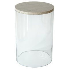 Glass Cylinder Side Table with Travertine Top circa 1970s Minimalist Design