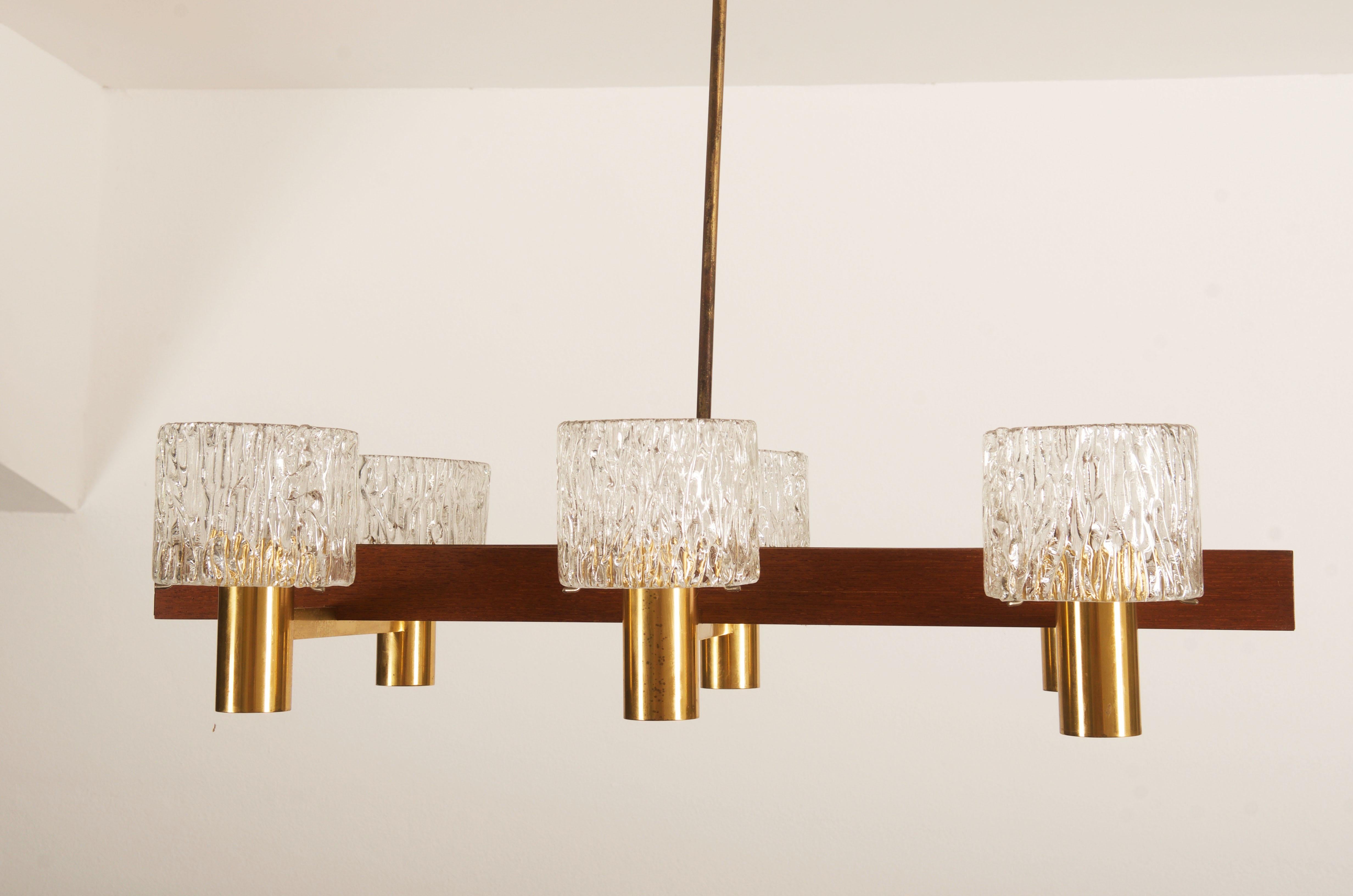 Brass Glass Cylinders Chandelier by Carl Fagerlund for Orrefors For Sale
