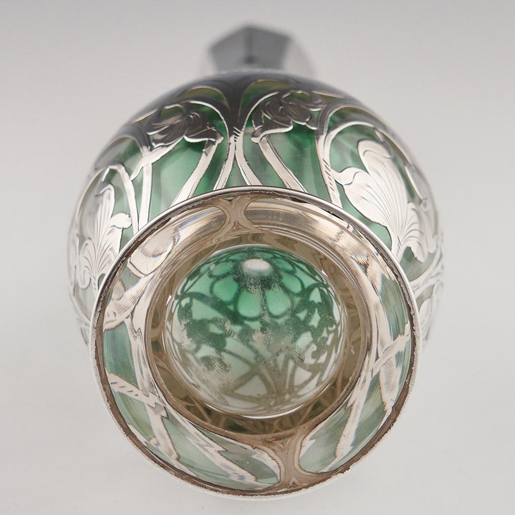 “Glass Decanter” American Green Glass Decanter with Silver overlay by Gorham For Sale 4