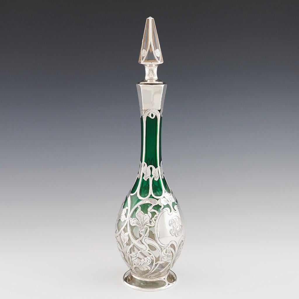 Art Nouveau “Glass Decanter” American Green Glass Decanter with Silver overlay by Gorham For Sale