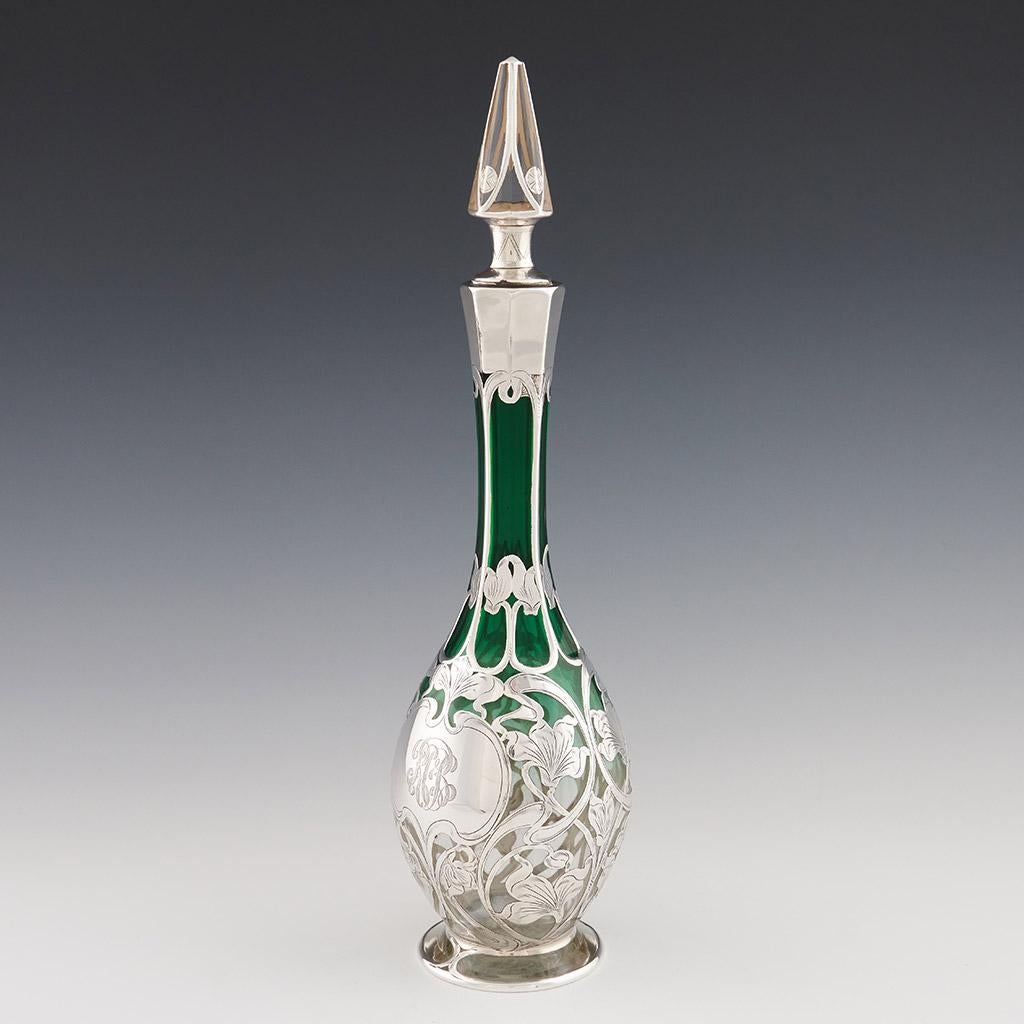 Molded “Glass Decanter” American Green Glass Decanter with Silver overlay by Gorham For Sale