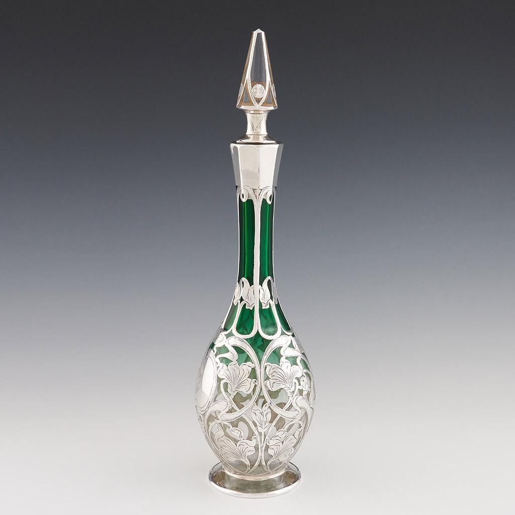 “Glass Decanter” American Green Glass Decanter with Silver overlay by Gorham In Excellent Condition For Sale In London, GB