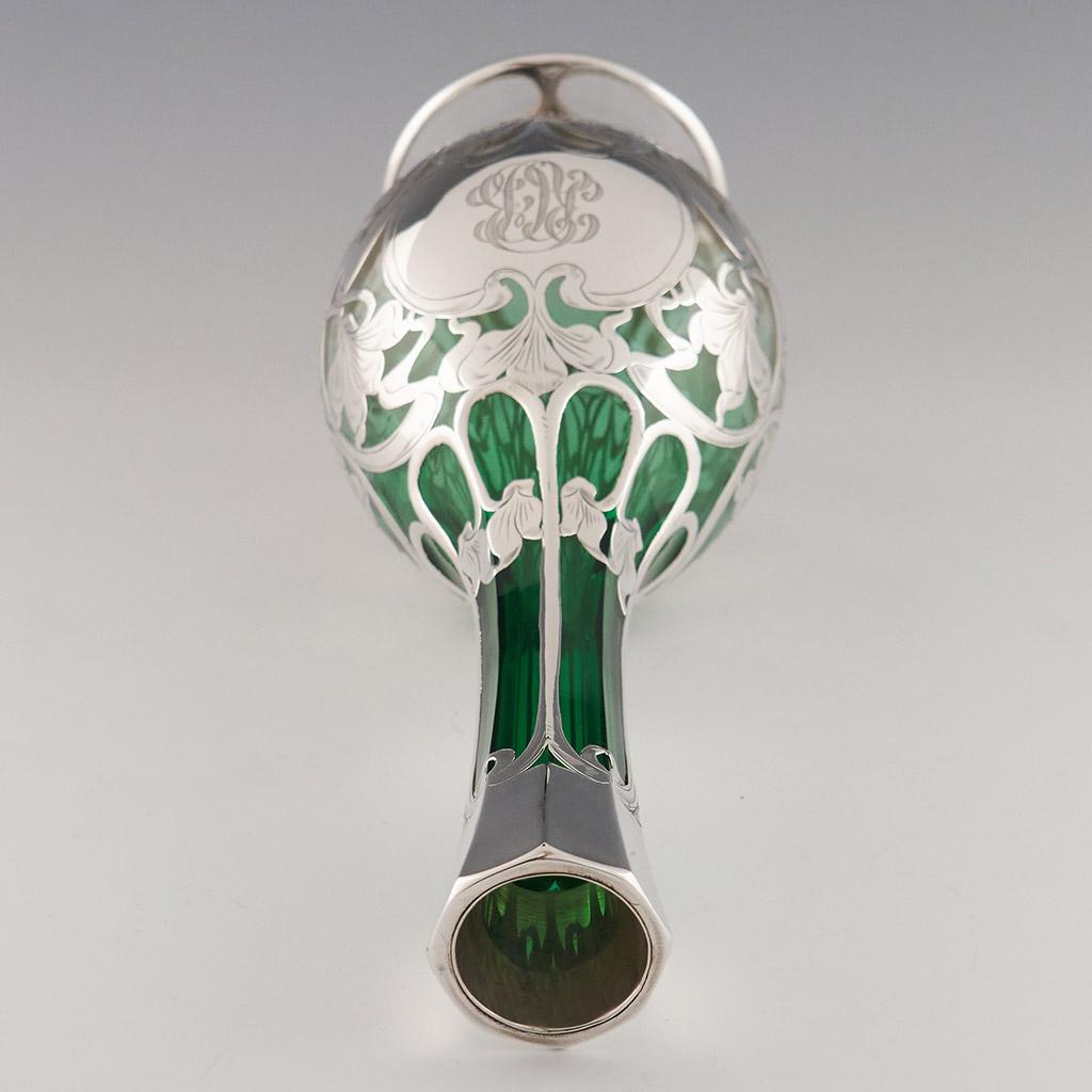 20th Century “Glass Decanter” American Green Glass Decanter with Silver overlay by Gorham For Sale