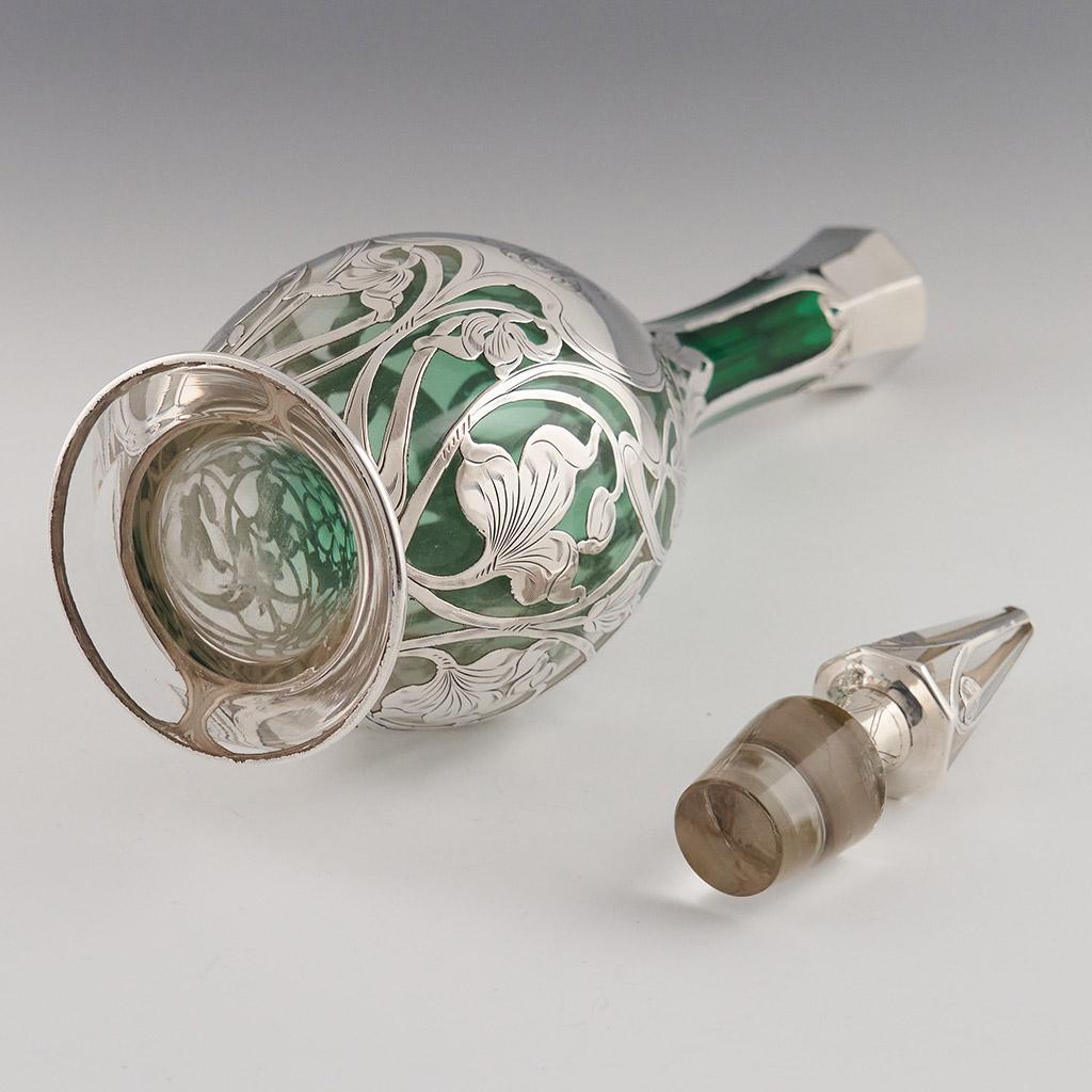 “Glass Decanter” American Green Glass Decanter with Silver overlay by Gorham For Sale 2