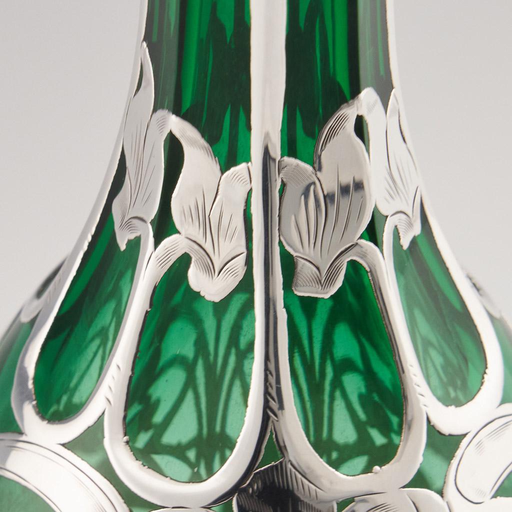 “Glass Decanter” American Green Glass Decanter with Silver overlay by Gorham For Sale 3