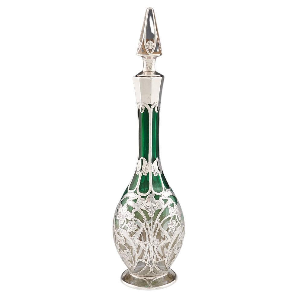 “Glass Decanter” American Green Glass Decanter with Silver overlay by Gorham For Sale