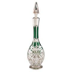 “Glass Decanter” American Green Glass Decanter with Silver overlay by Gorham