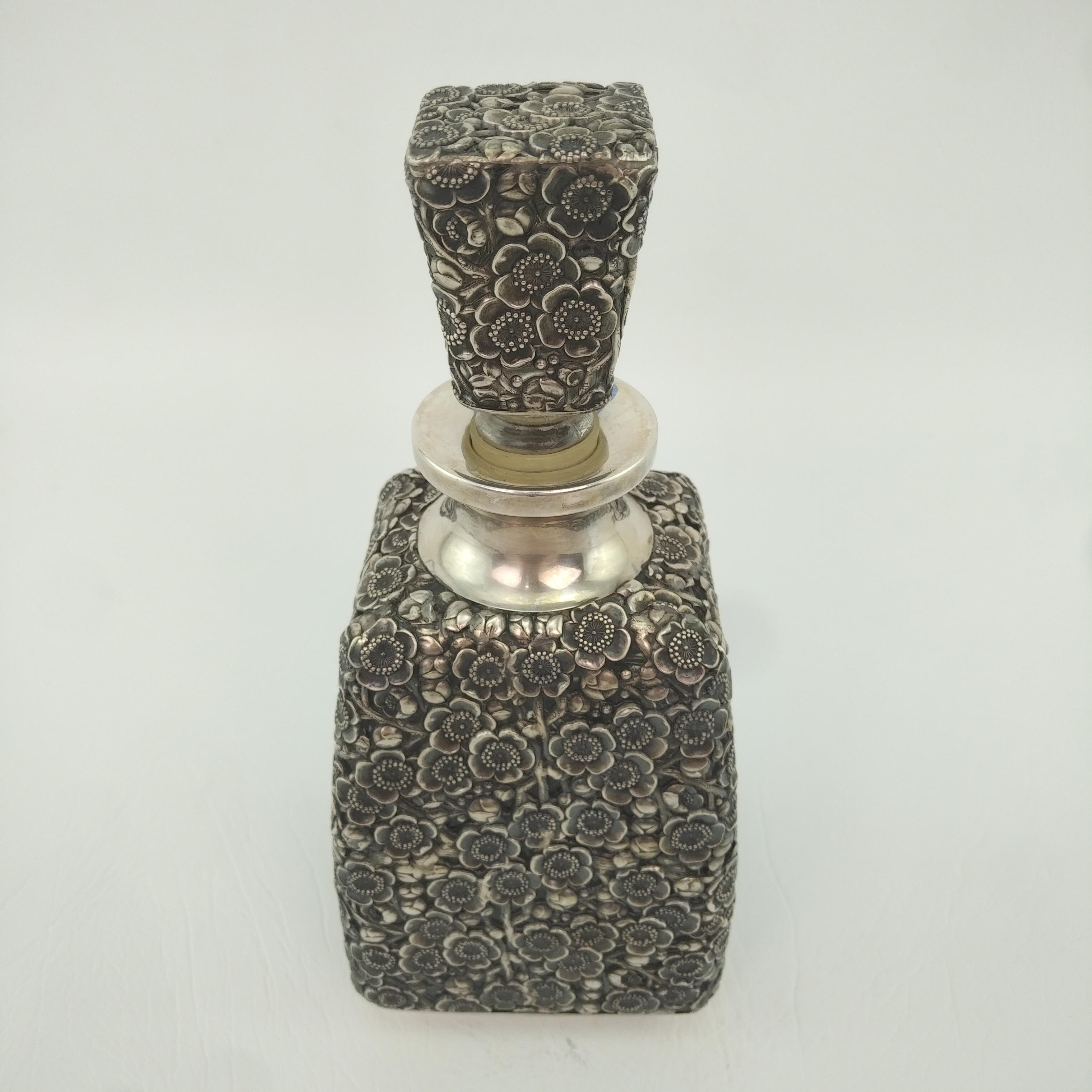 Mid-20th Century Antique Glass Decanter with Sterling Silver Floral Repose Overlay For Sale