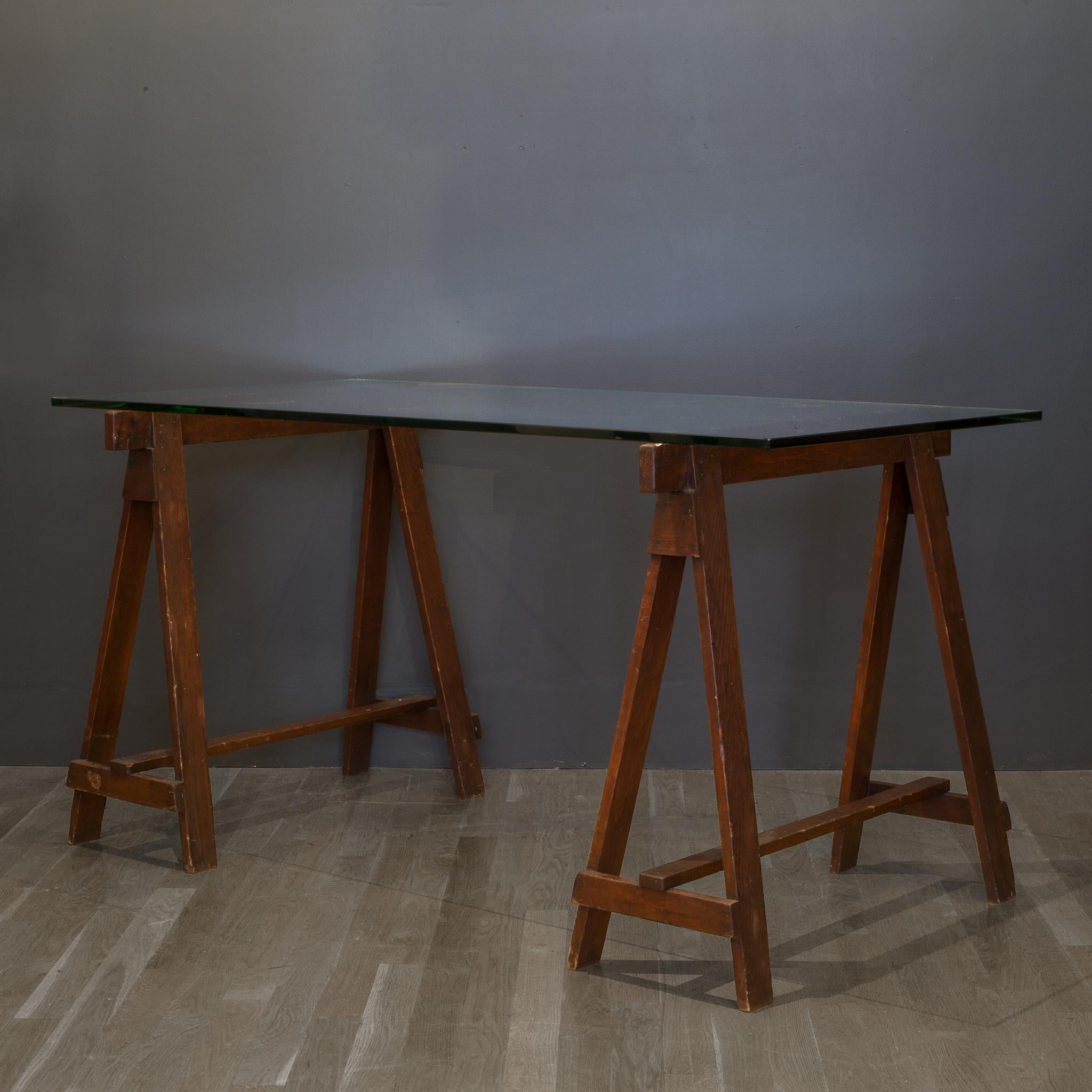 Rustic Glass Dining Table with Early 20th Century Douglas Fir Sawhorses, circa 1910