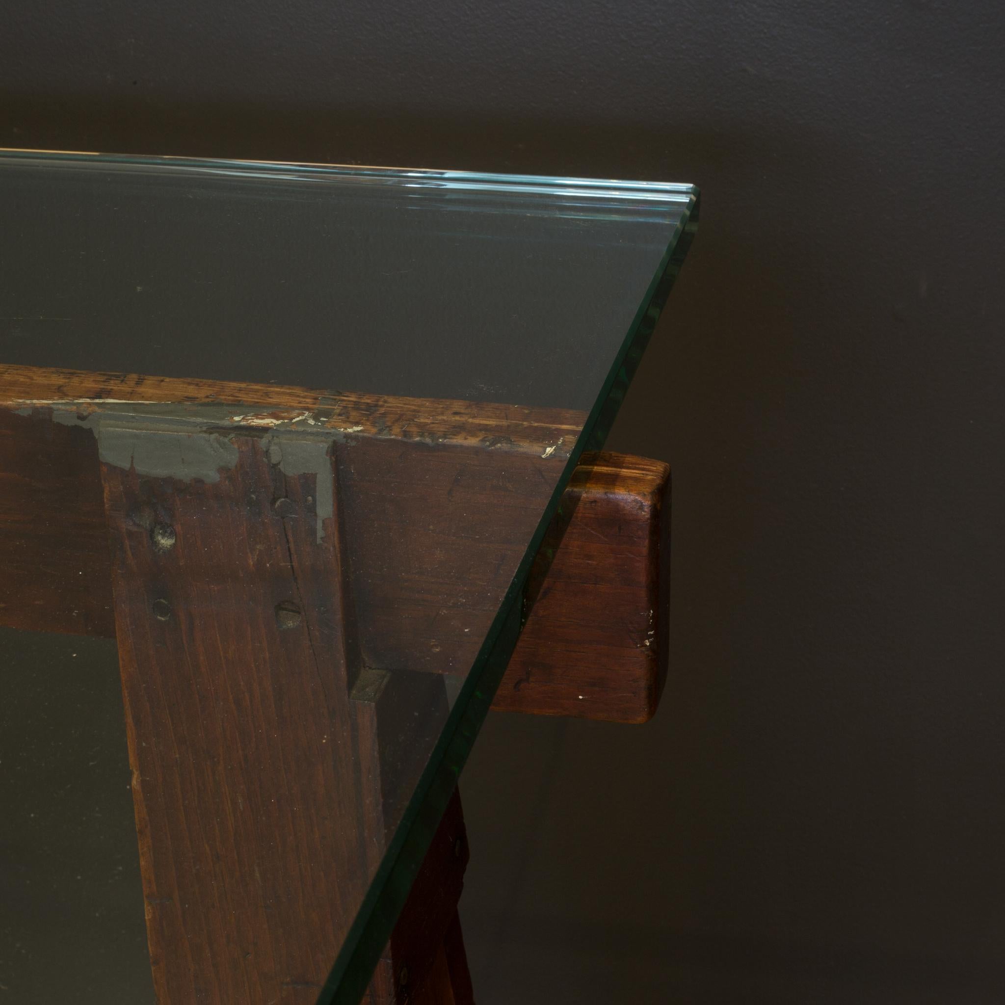 Wood Glass Dining Table with Early 20th Century Douglas Fir Sawhorses, circa 1910