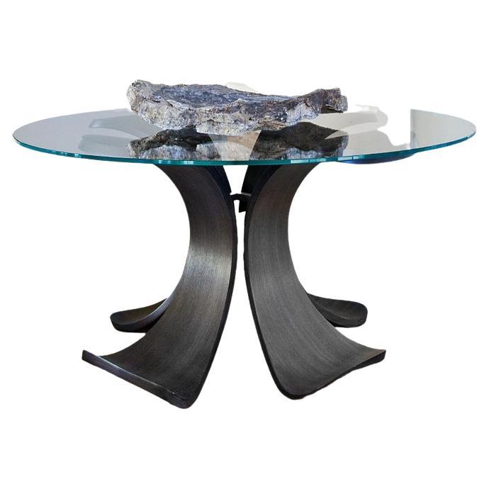 Glass Dining Table with Blackened Oak”Orchid” Four Petal Base For Sale