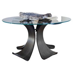 Glass Dining Table with Blackened Oak”Orchid” Four Petal Base