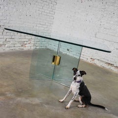Modern Glass Dining Table Brass Plated Connector Attributed to Pace Collection