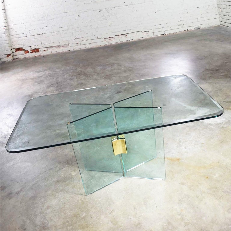 Glass Dining Table with Brass Plated Connector Attributed to the Pace Collection In Good Condition For Sale In Topeka, KS