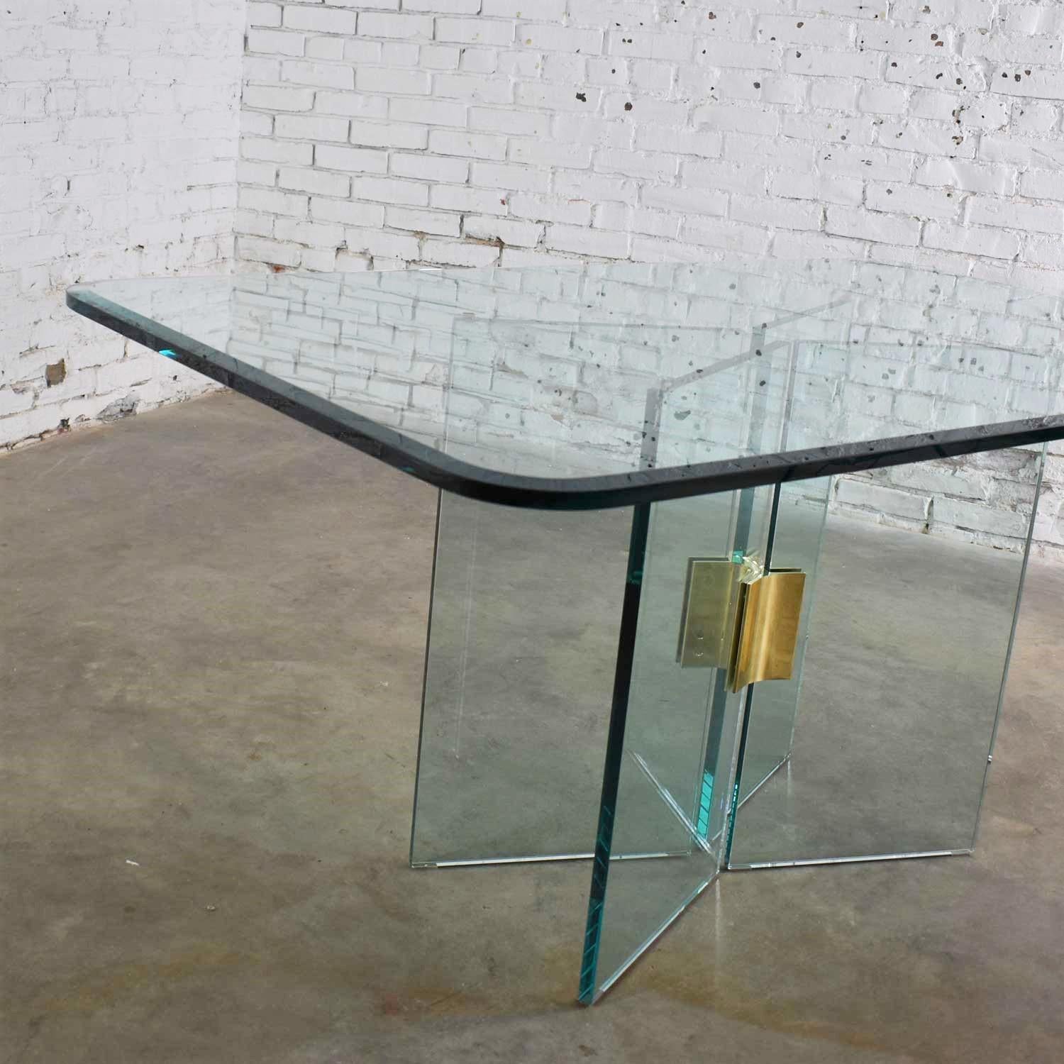 Modern Glass Dining Table Brass Plated Connector Attributed to Pace Collection For Sale 1
