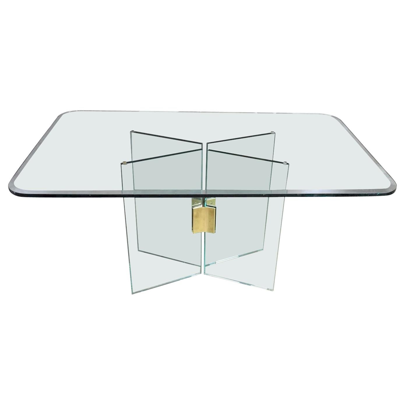Modern Glass Dining Table Brass Plated Connector Attributed to Pace Collection For Sale