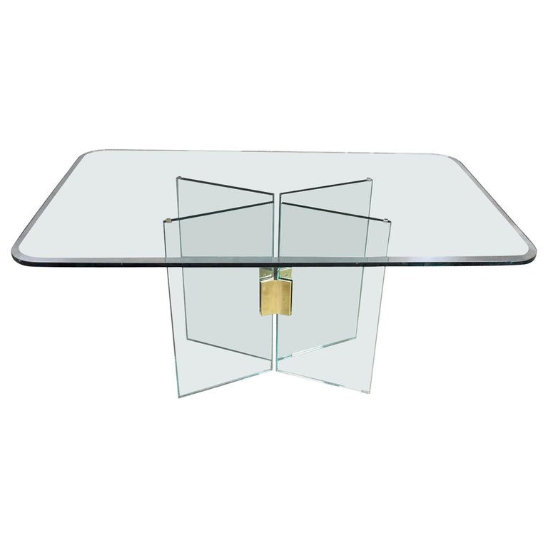 Glass Dining Table with Brass Plated Connector Attributed to the Pace Collection For Sale