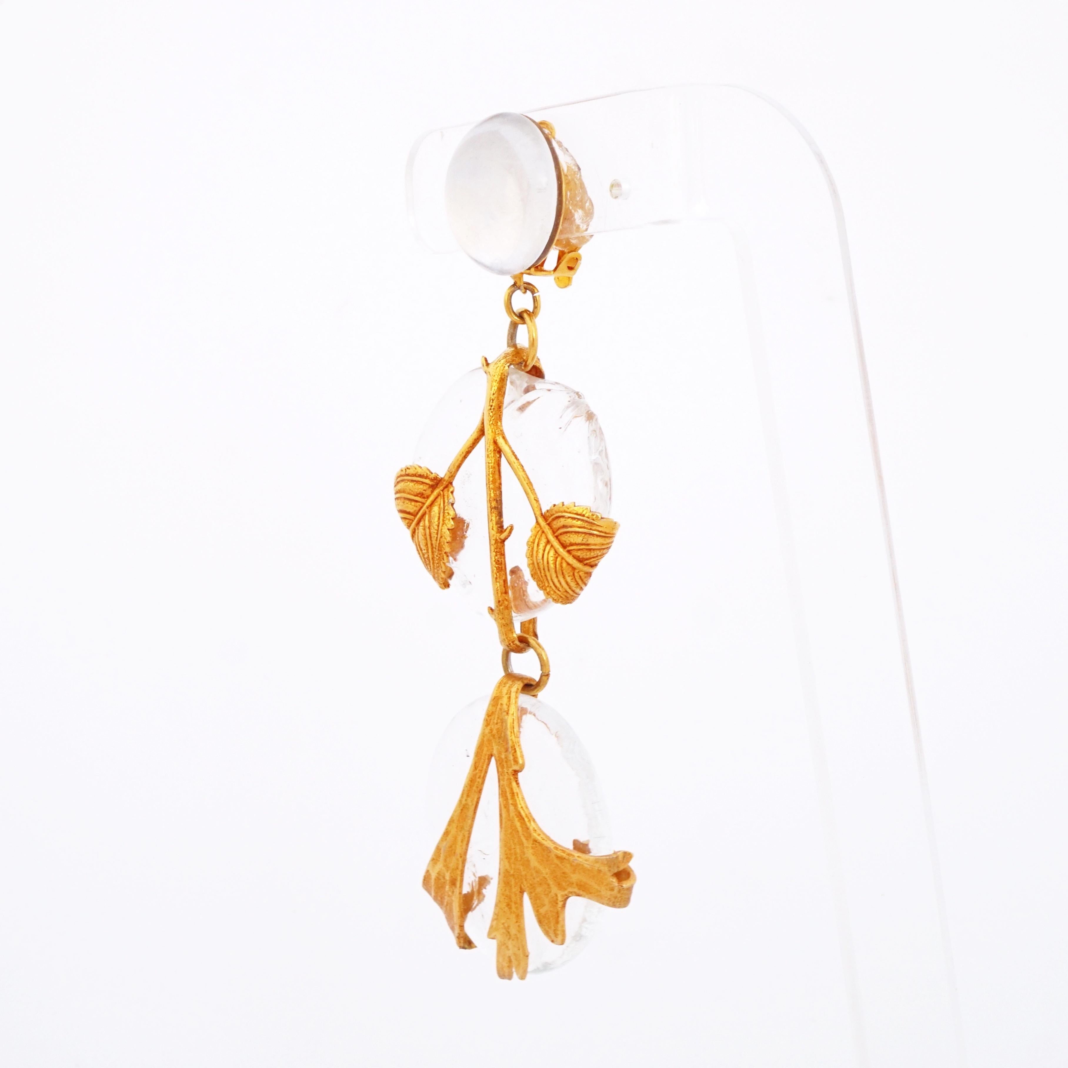 Modern Glass Disc Drop Earrings with Gold Leafy Vine Wrap By Philippe Ferrandis, 1980s For Sale