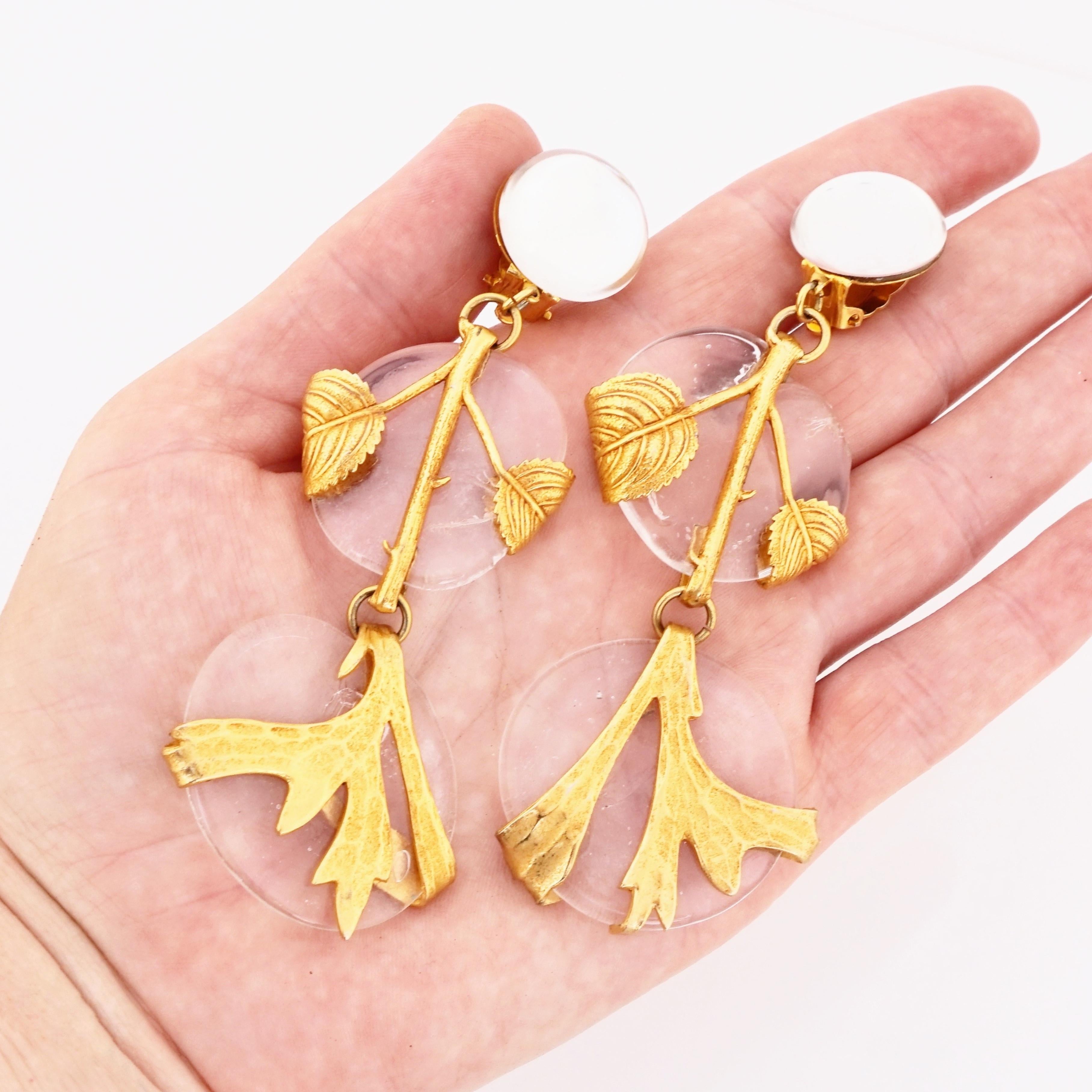 Glass Disc Drop Earrings with Gold Leafy Vine Wrap By Philippe Ferrandis, 1980s For Sale 1