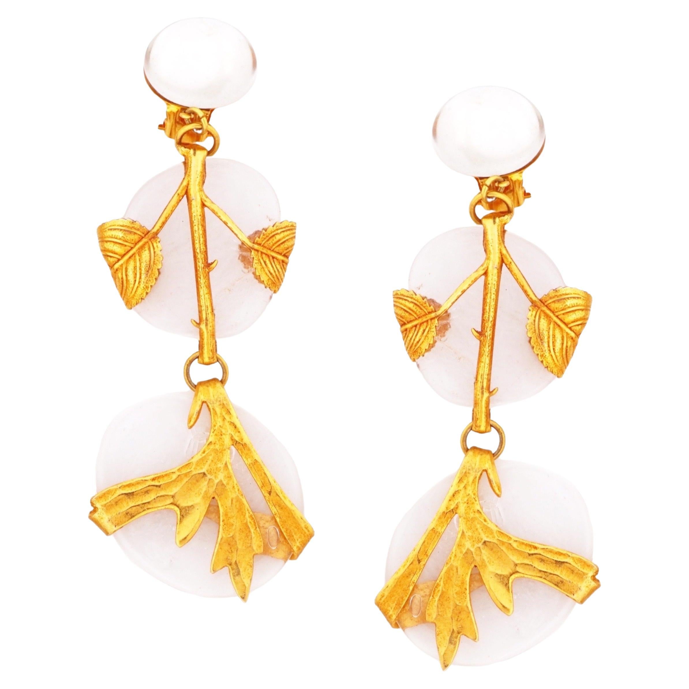 Glass Disc Drop Earrings with Gold Leafy Vine Wrap By Philippe Ferrandis, 1980s For Sale