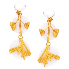 Glass Disc Drop Earrings with Gold Leafy Vine Wrap By Philippe Ferrandis, 1980s