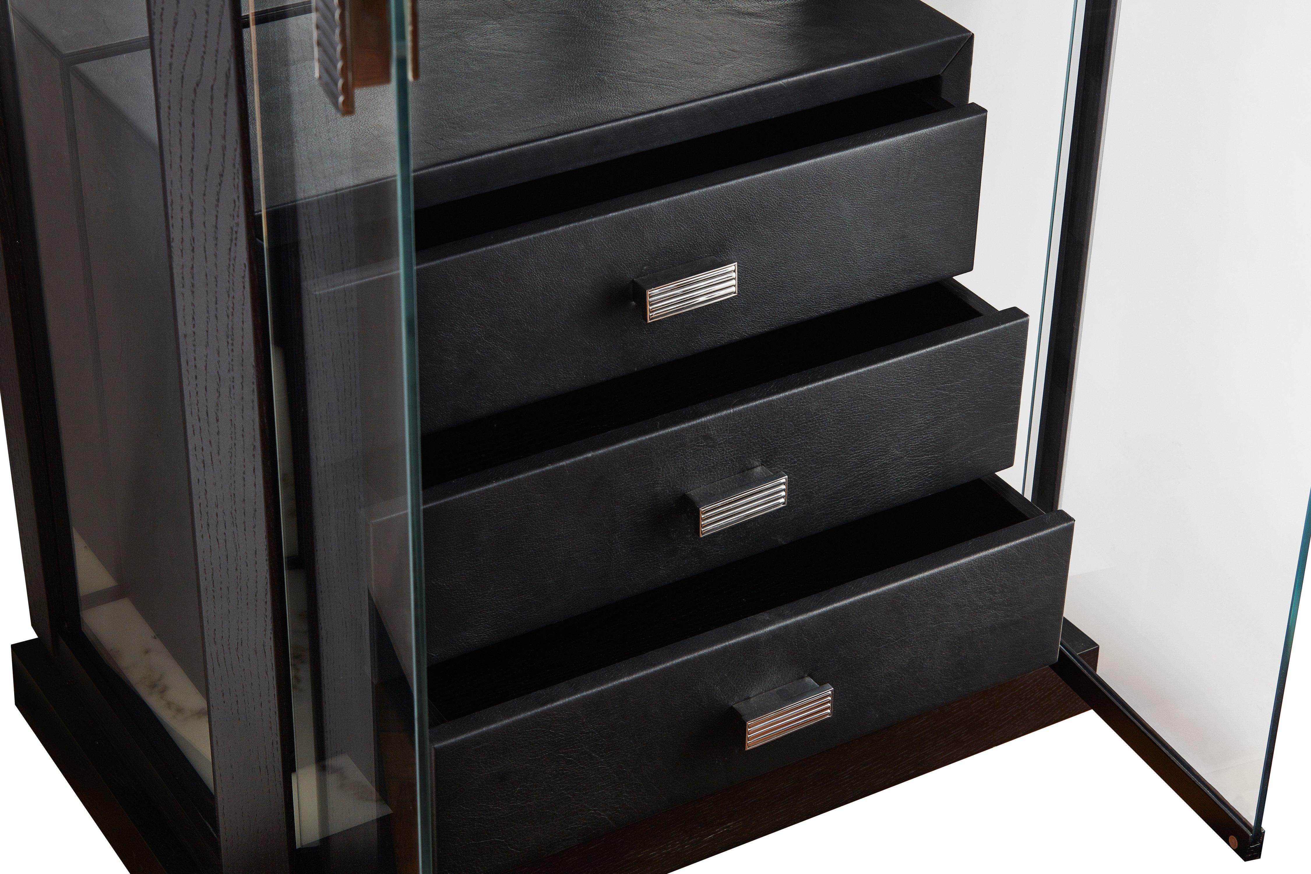Modern Glass Display Cabinet with Alabaster Shelves and Leather Drawers. Customizable. For Sale