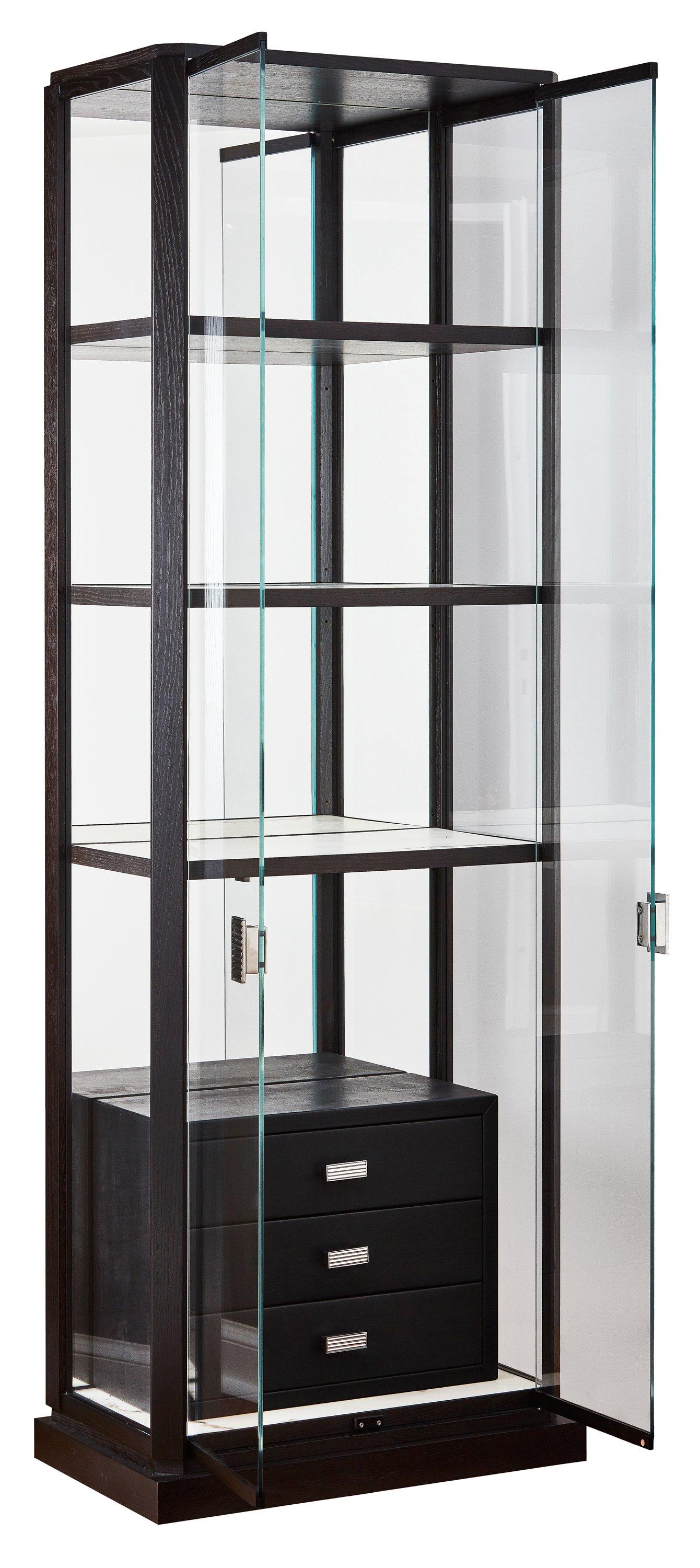Glass Display Cabinet with Alabaster Shelves and Leather Drawers. Customizable. In New Condition For Sale In Warsaw, Mazowickie