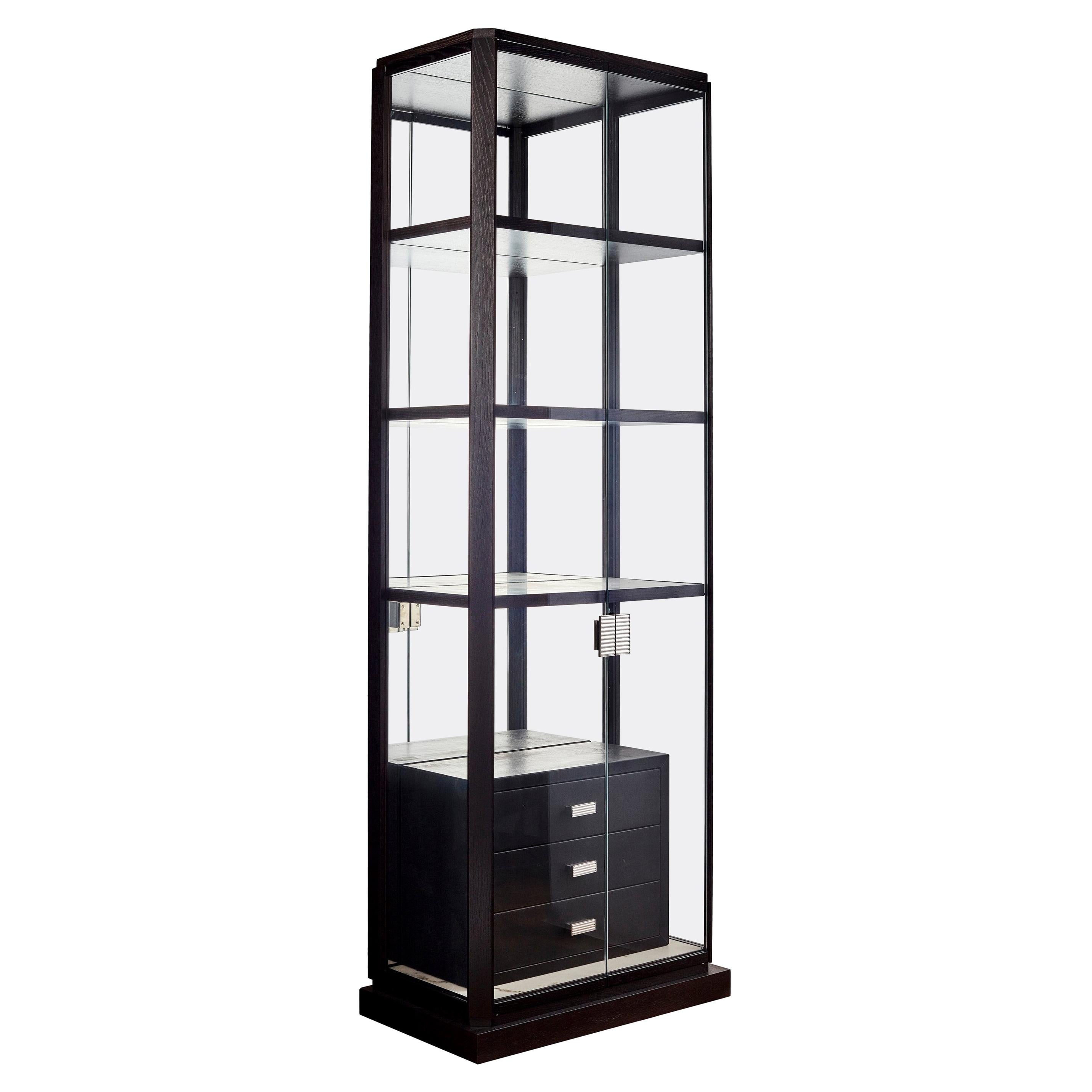 Glass Display Cabinet with Alabaster Shelves and Leather Drawers. Customizable. For Sale