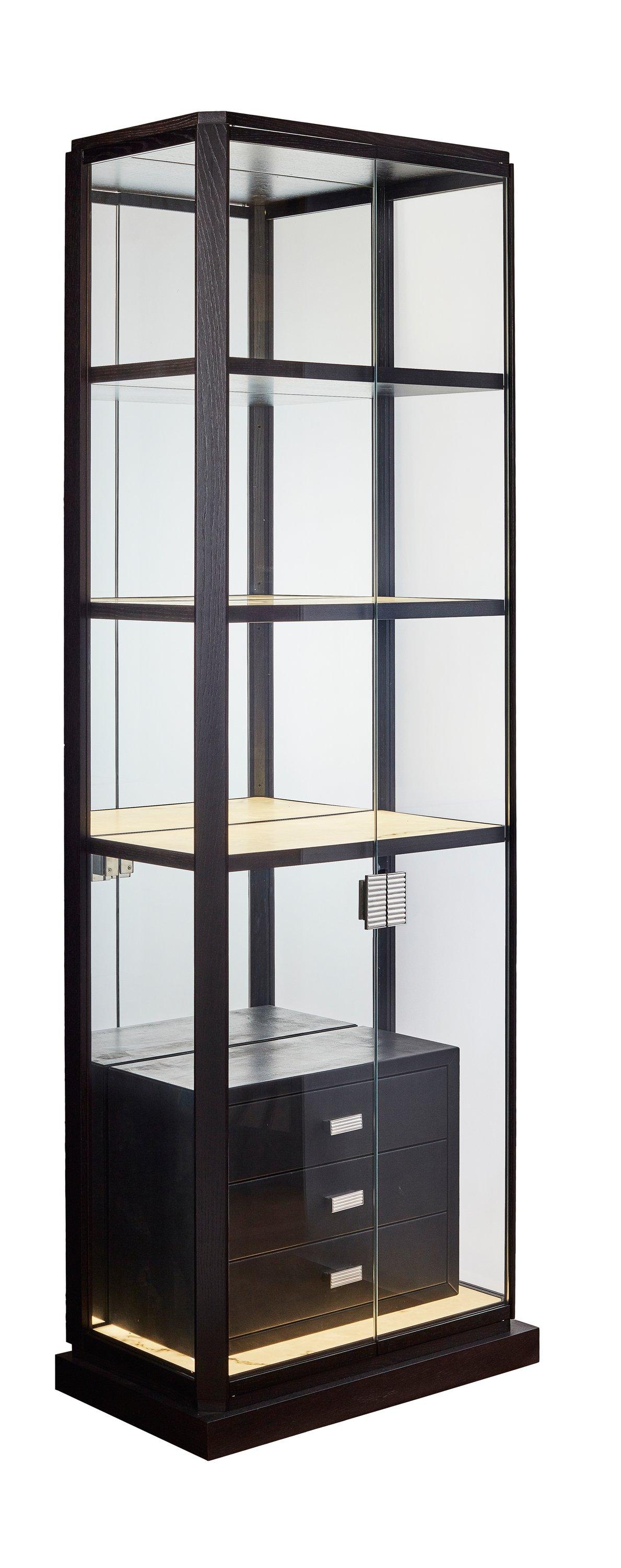 glass display cabinet with drawers