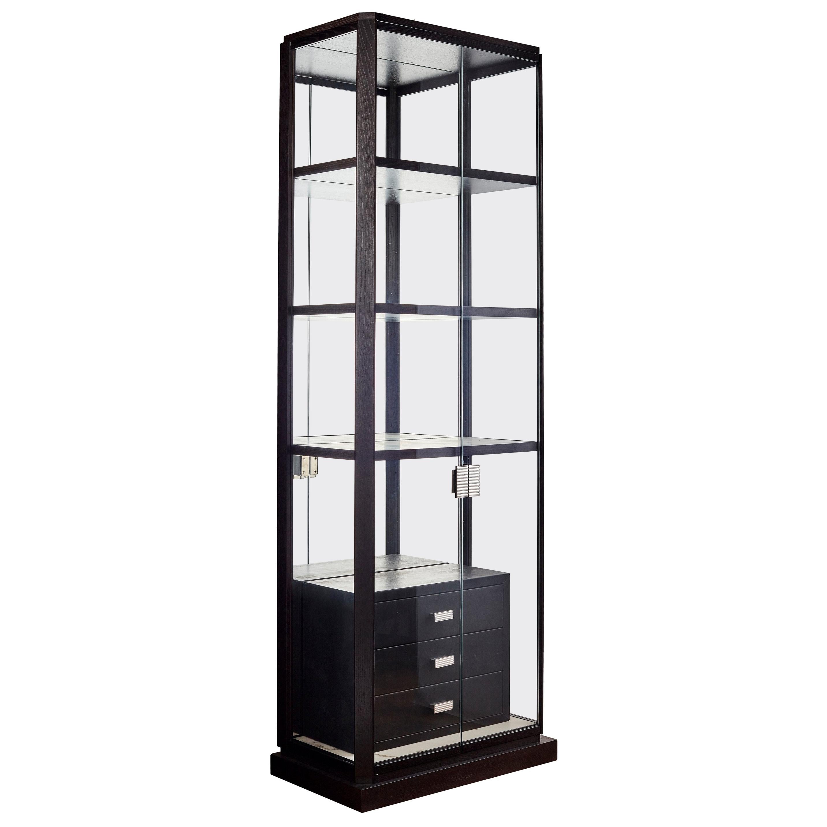 Glass Display Cabinet with Alabaster Shelves and Leather Drawers, Available now For Sale