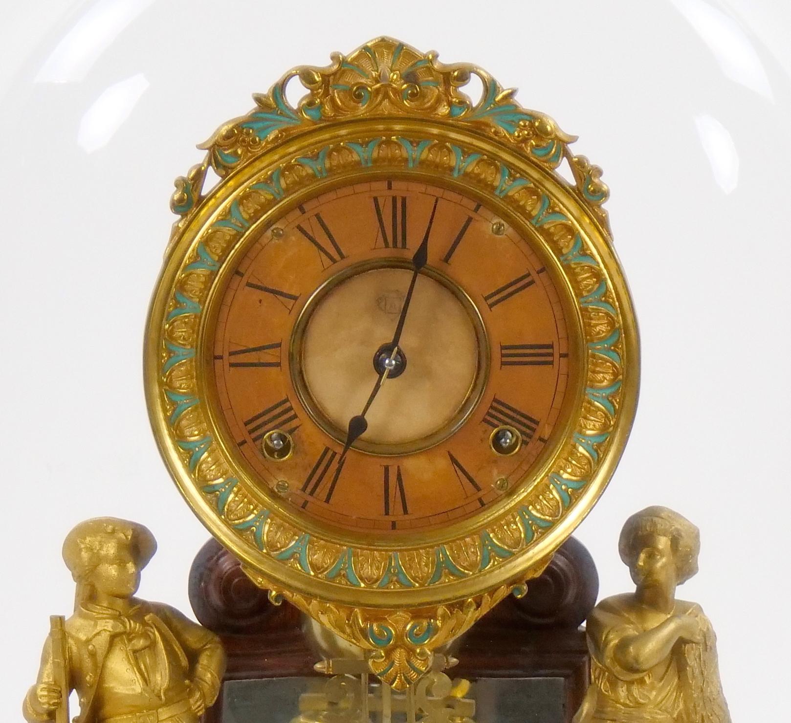 American Glass Dome Bronze / Porcelain Face Ansonian Crystal Palace Mantel Clock For Sale