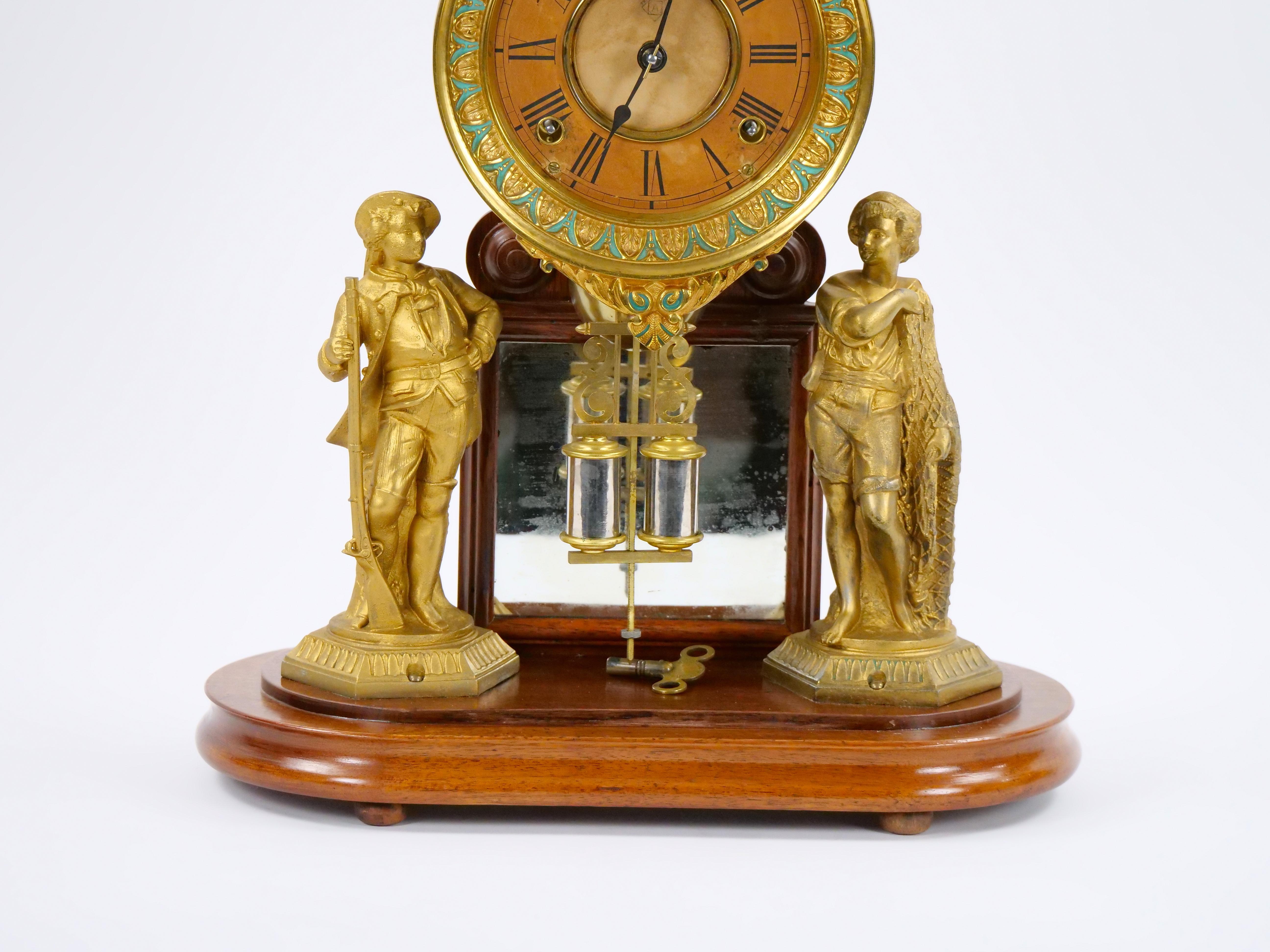 Glass Dome Bronze / Porcelain Face Ansonian Crystal Palace Mantel Clock In Good Condition For Sale In Tarry Town, NY