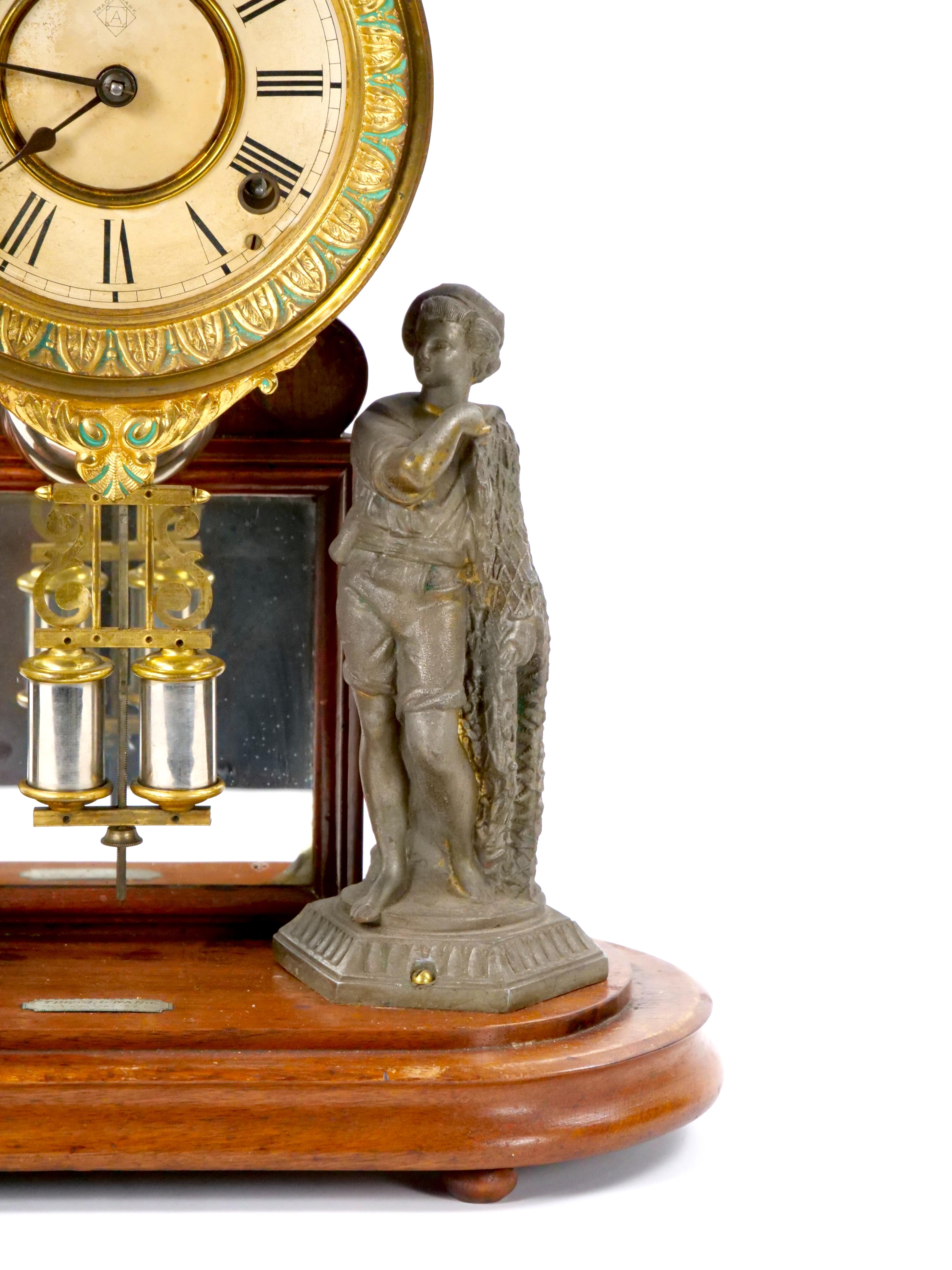 Glass Dome Bronze / Wood Base Porcelain Face Mantel Clock For Sale 2