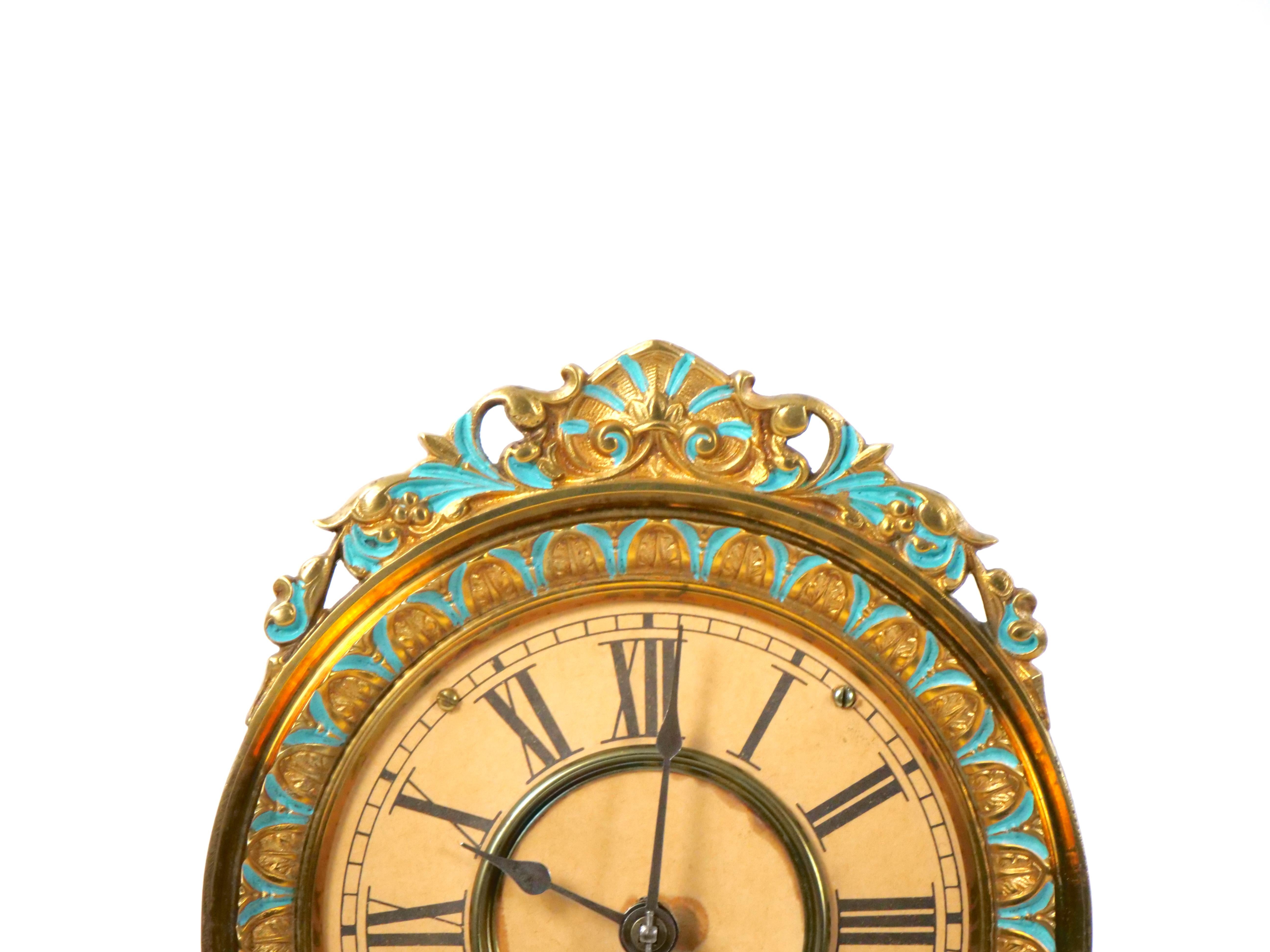 Glass Dome Bronze / Wood Base Porcelain Face Mantel Clock For Sale 3