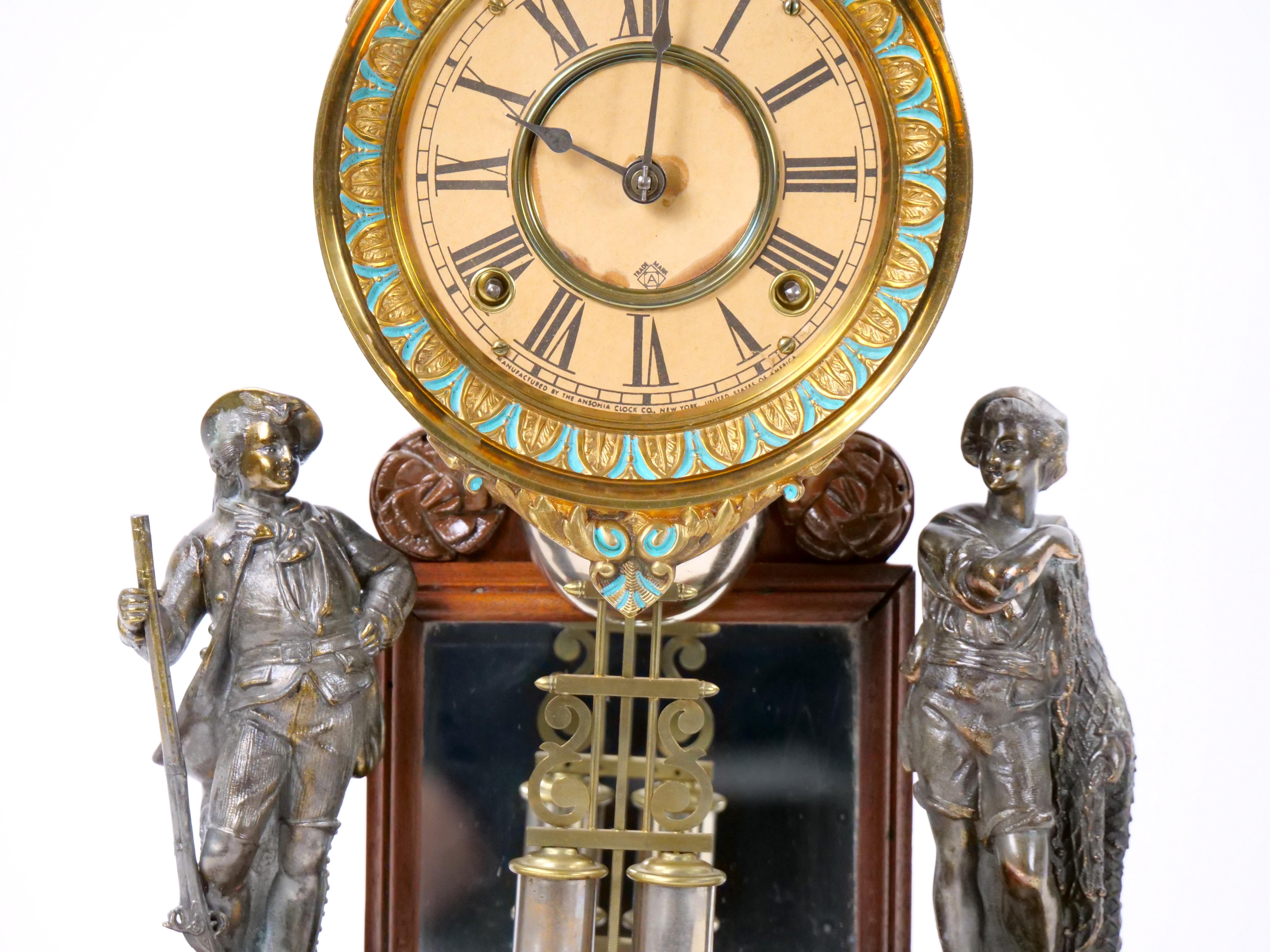 Glass Dome Bronze / Wood Base Porcelain Face Mantel Clock For Sale 4