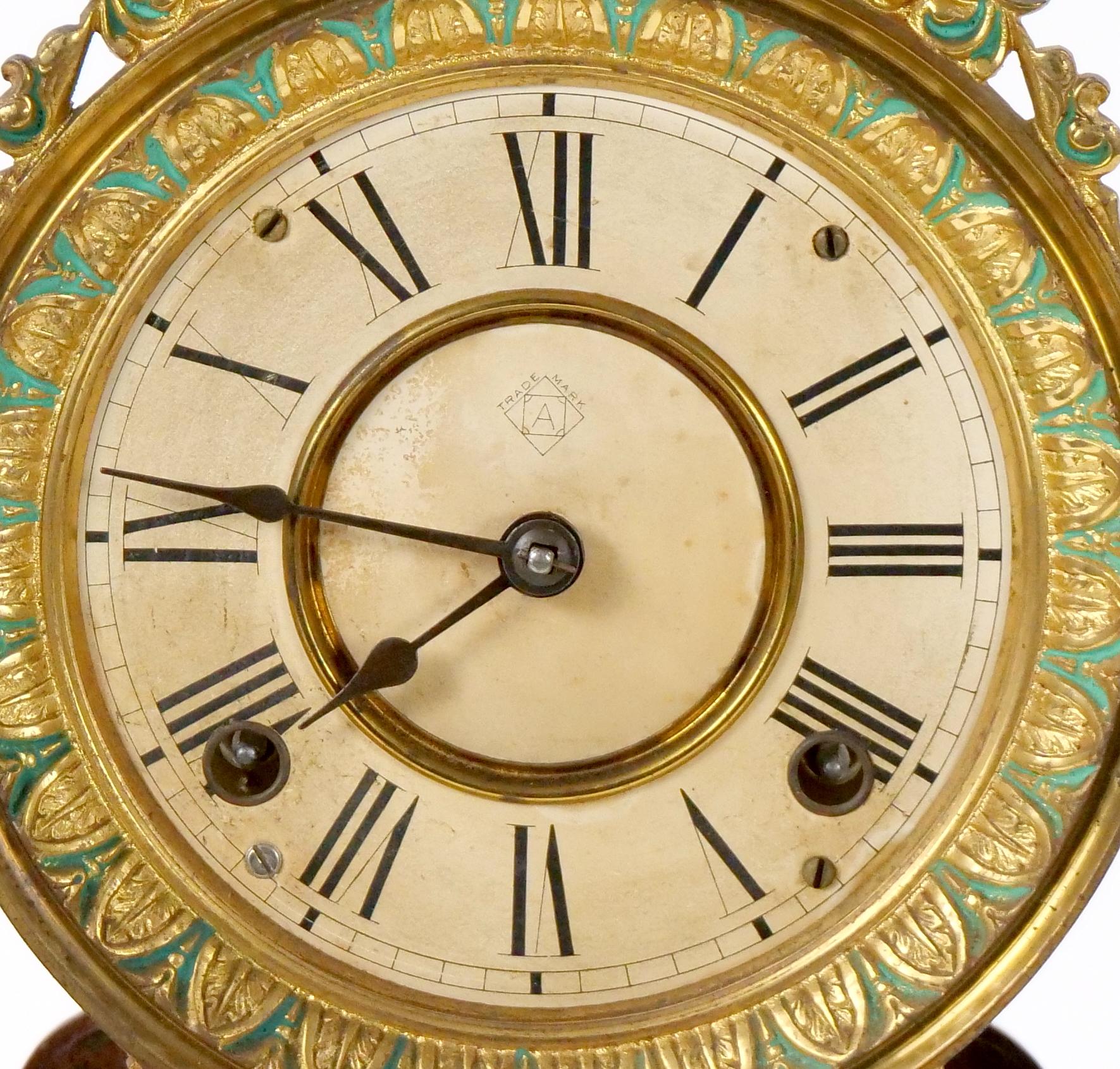 Glass Dome Bronze / Wood Base Porcelain Face Mantel Clock For Sale 4