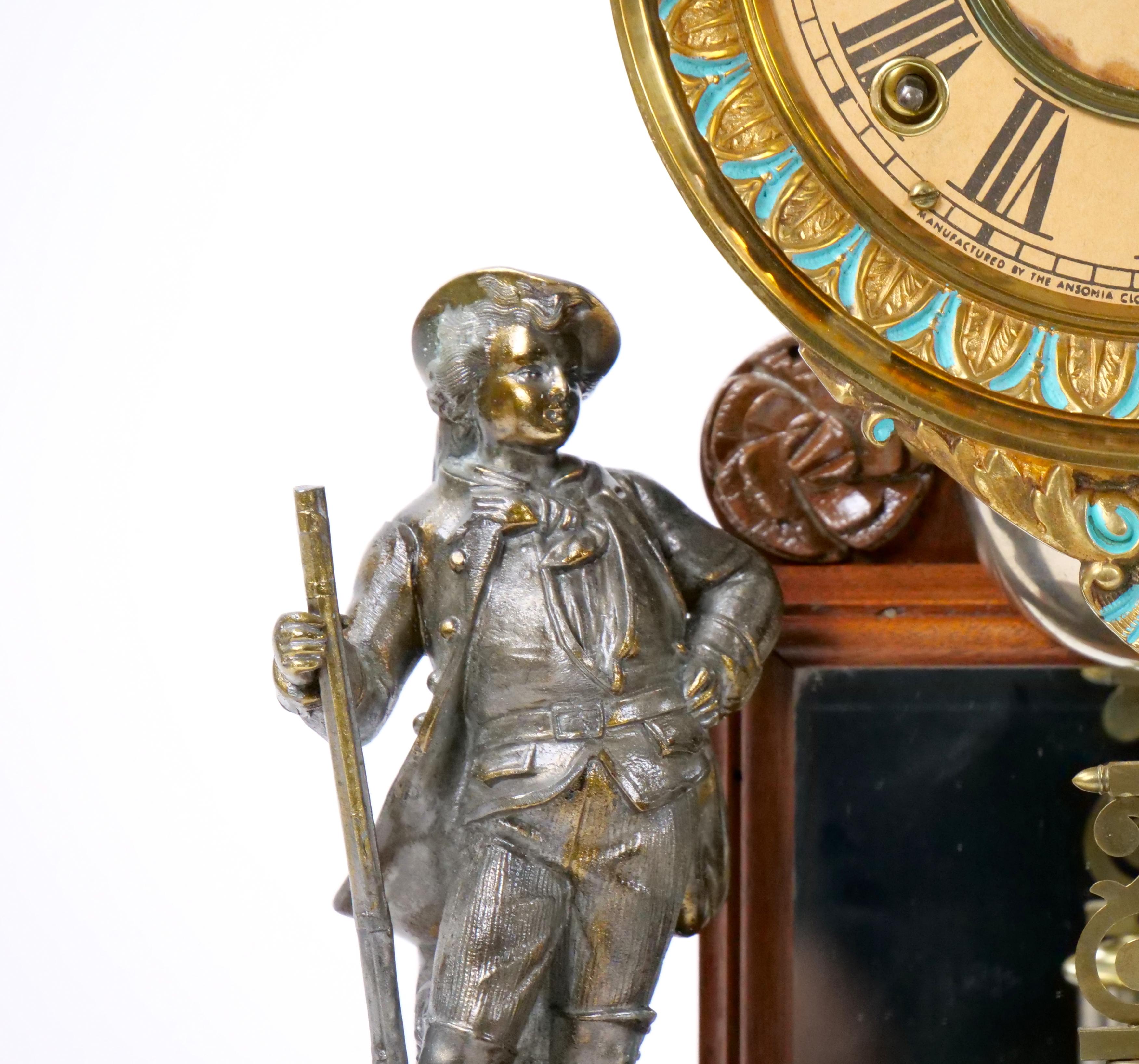 Glass Dome Bronze / Wood Base Porcelain Face Mantel Clock For Sale 5