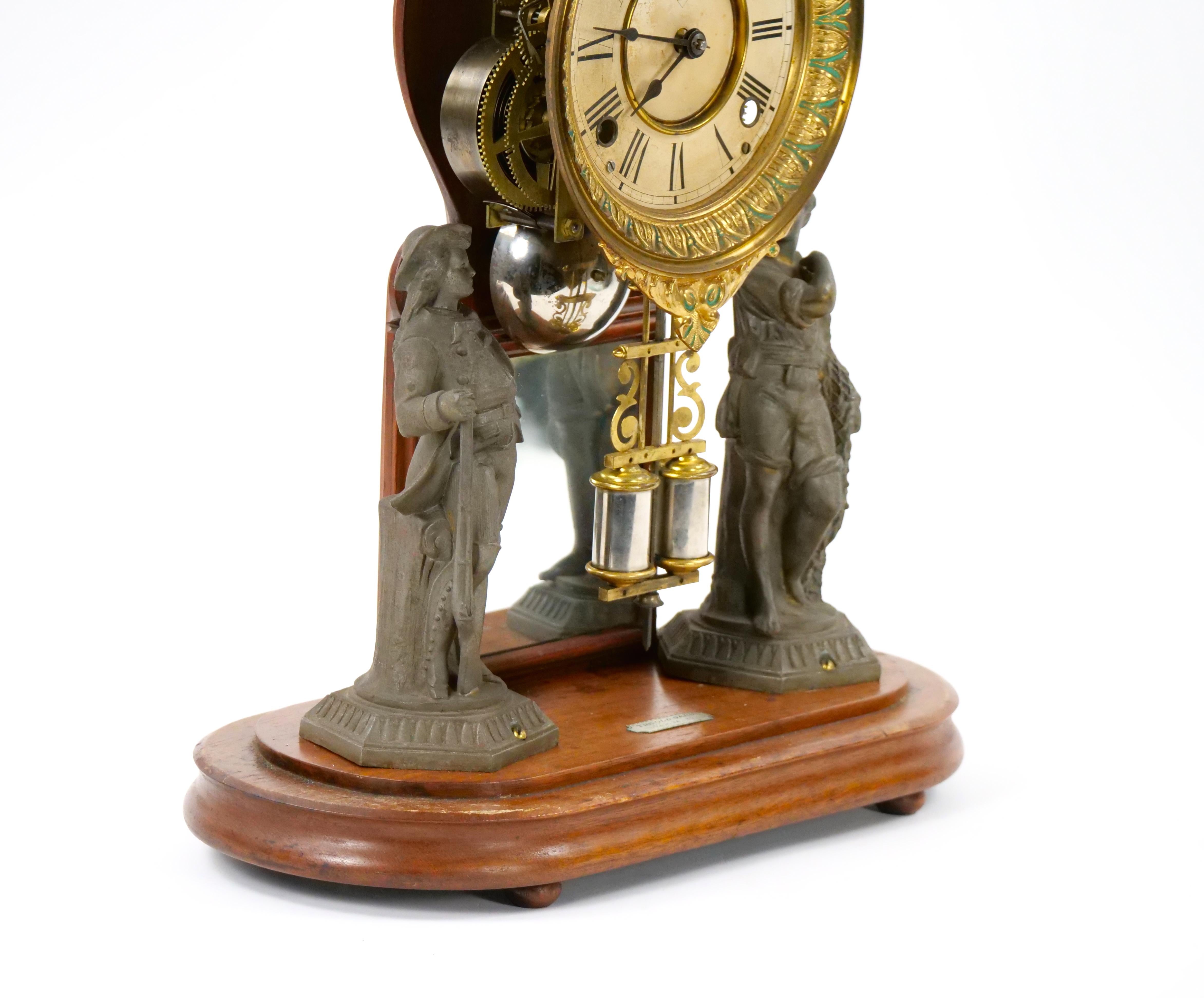 Glass Dome Bronze / Wood Base Porcelain Face Mantel Clock For Sale 6