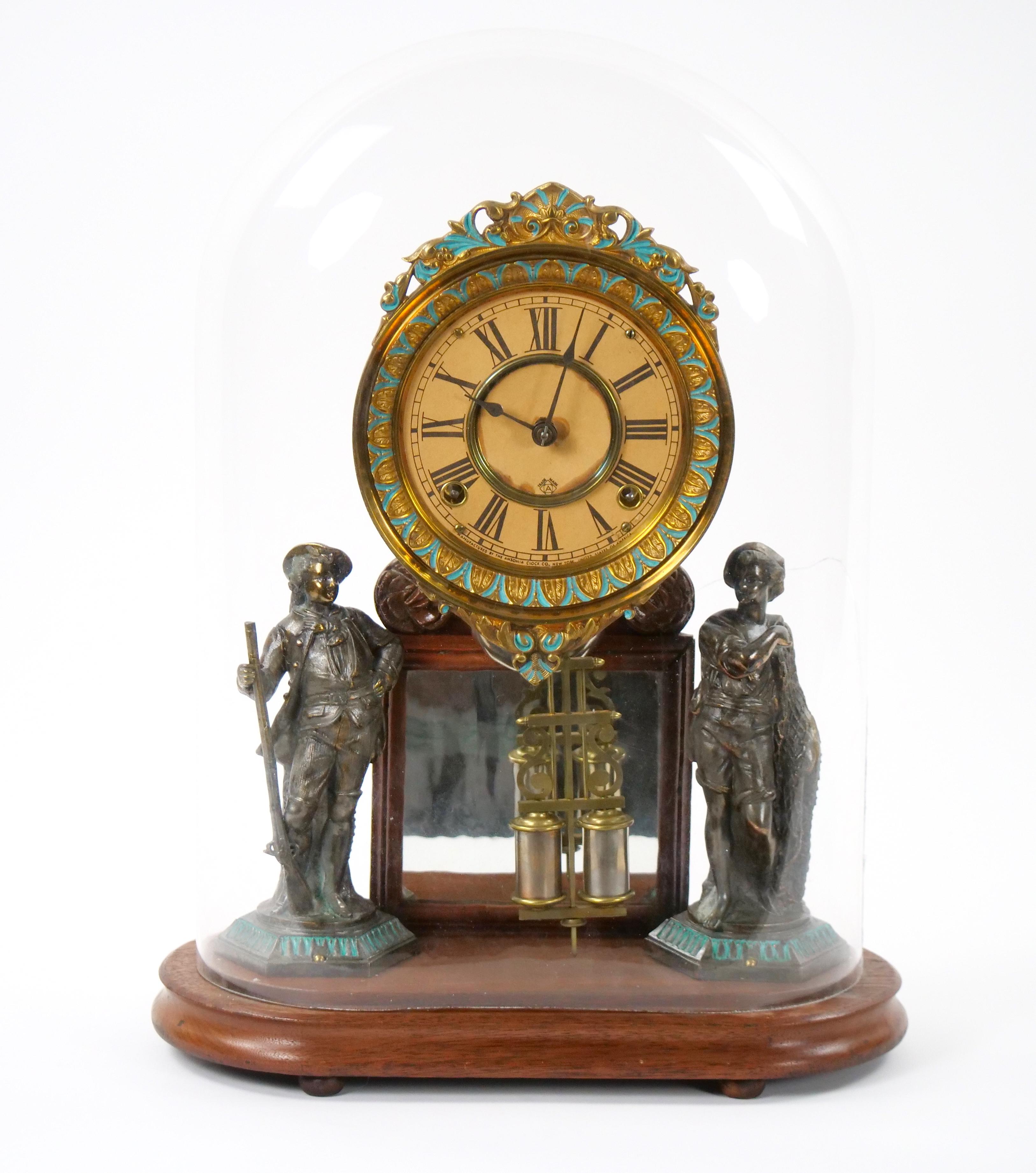 Glass Dome Bronze / Wood Base Porcelain Face Mantel Clock For Sale 8