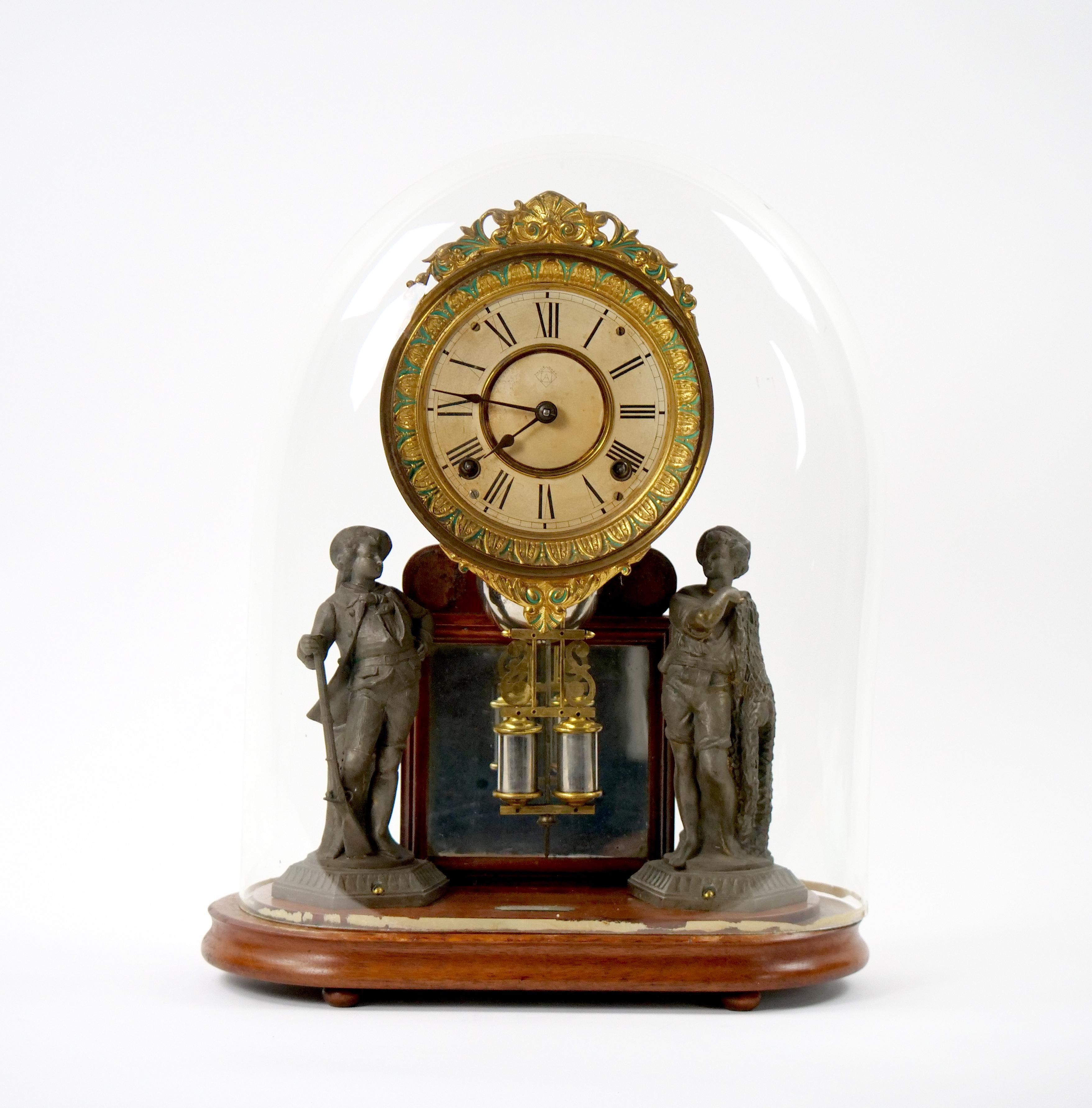 Glass Dome Bronze / Wood Base Porcelain Face Mantel Clock For Sale 9