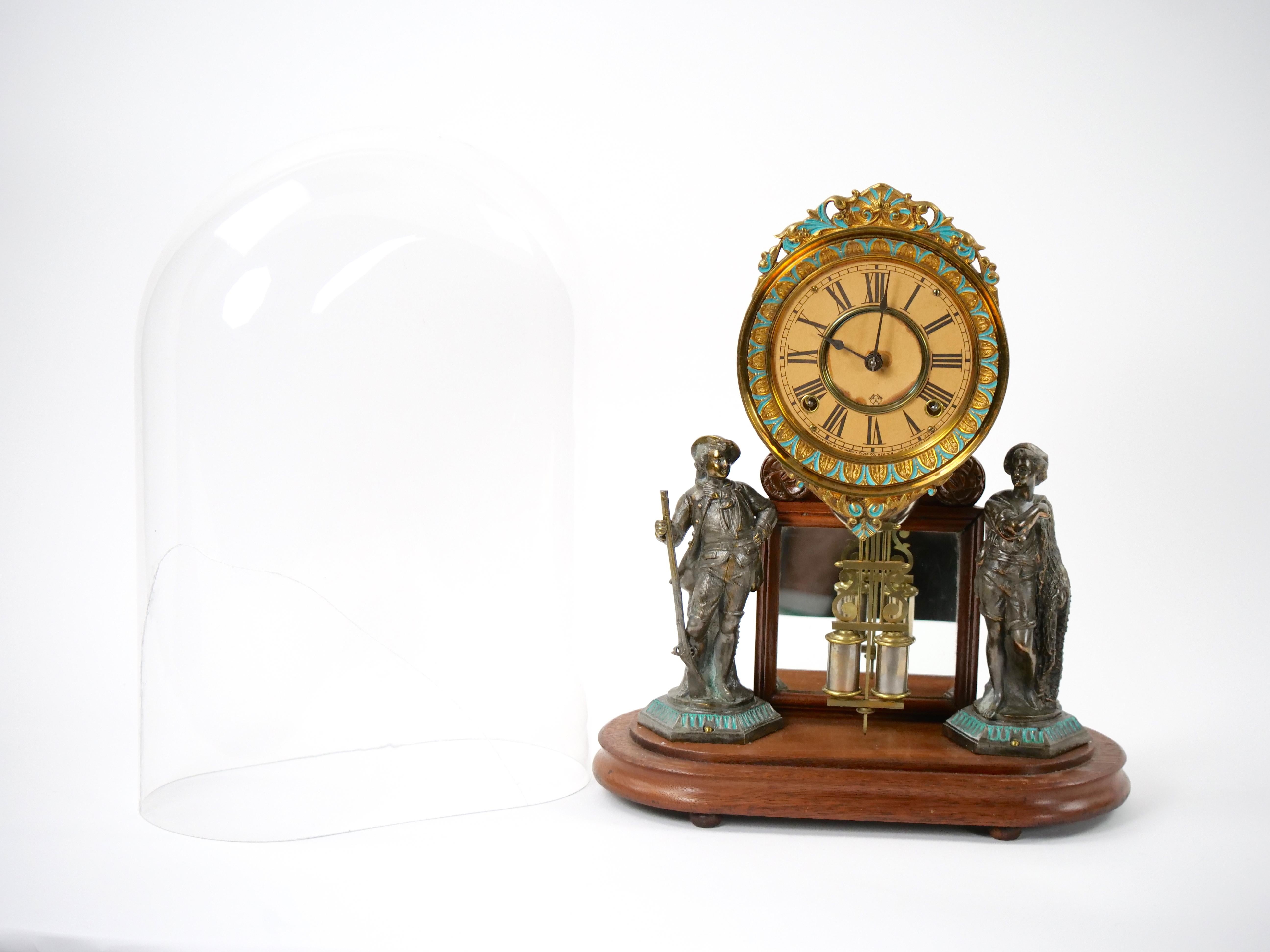 American Glass Dome Bronze / Wood Base Porcelain Face Mantel Clock For Sale