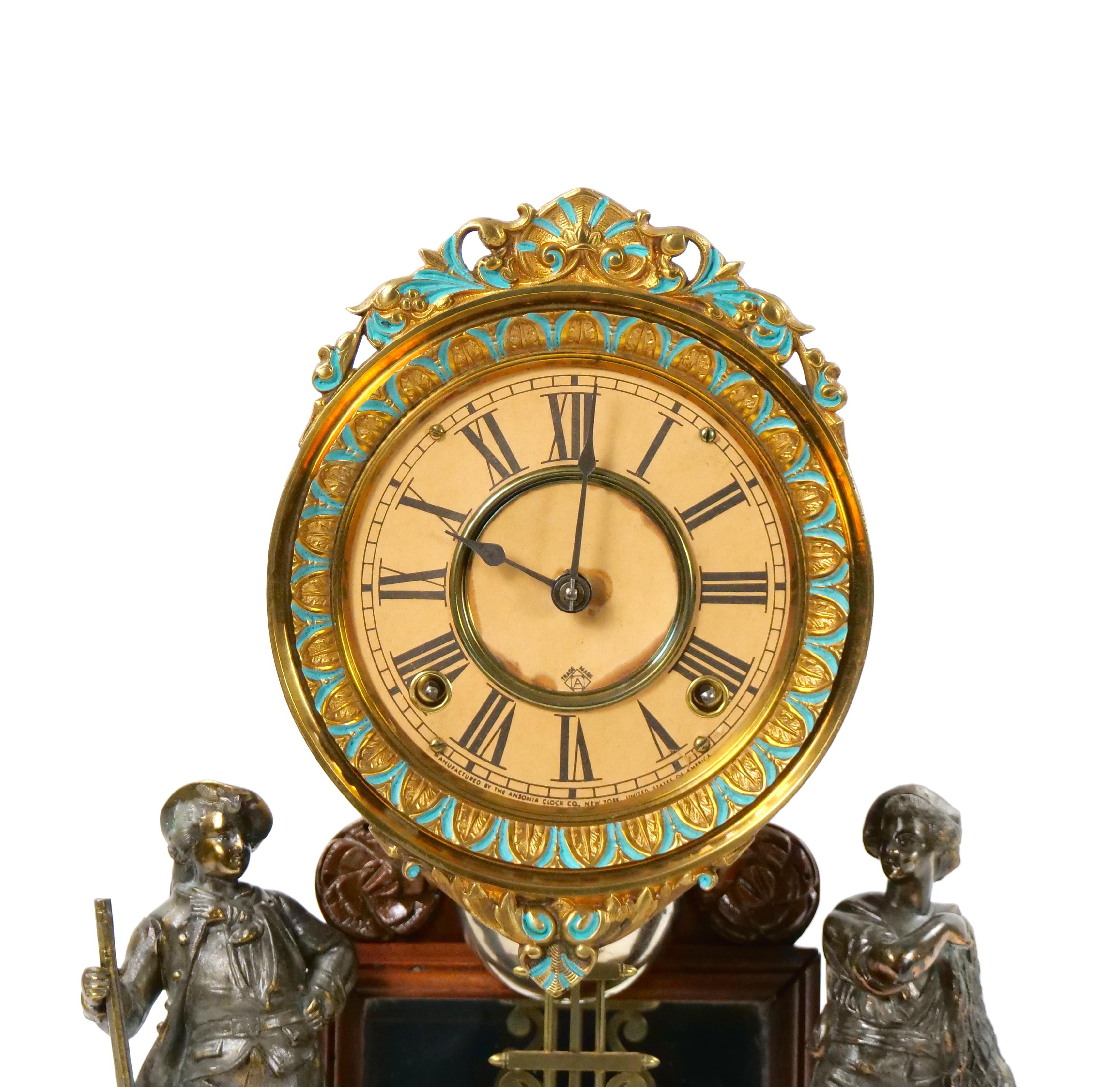 Glass Dome Bronze / Wood Base Porcelain Face Mantel Clock In Good Condition For Sale In Tarry Town, NY