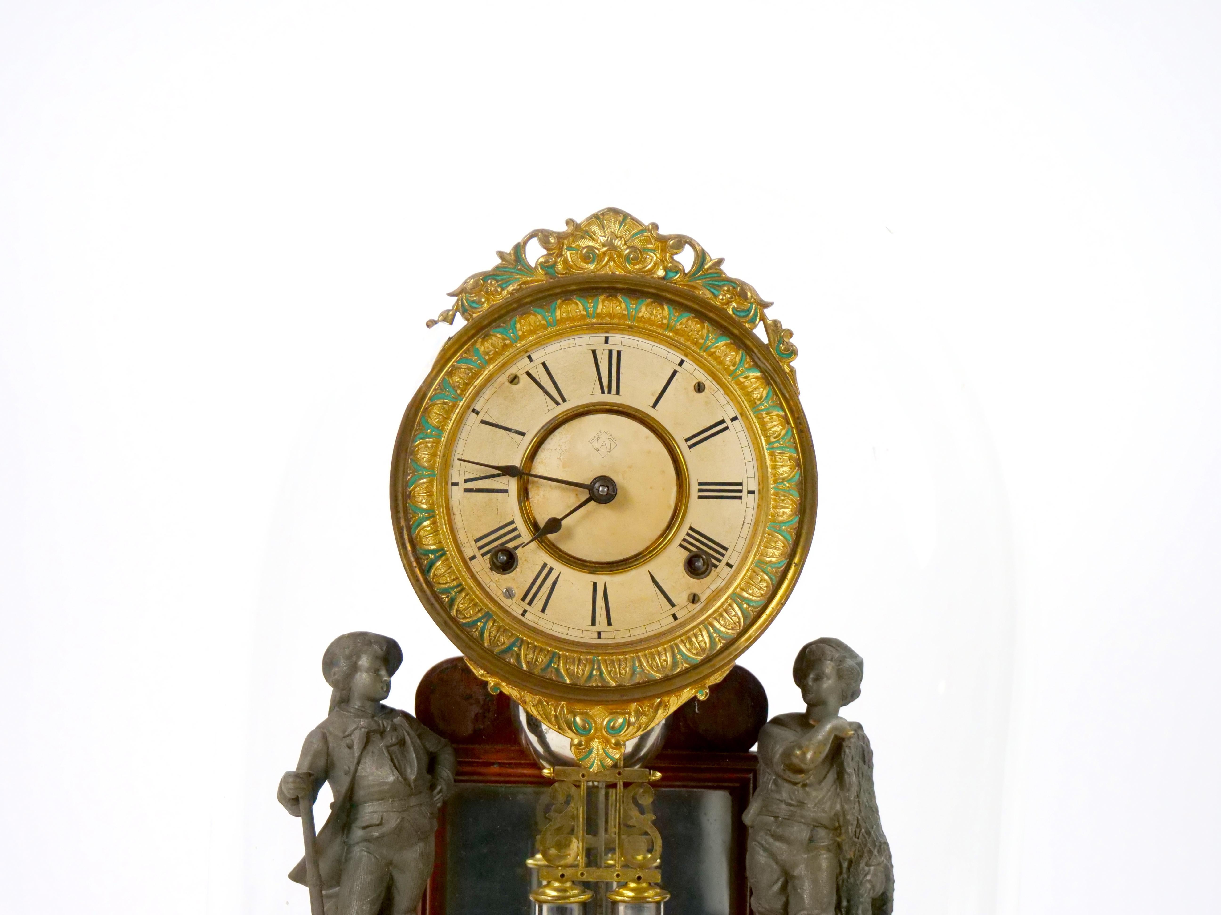Glass Dome Bronze / Wood Base Porcelain Face Mantel Clock In Good Condition For Sale In Tarry Town, NY