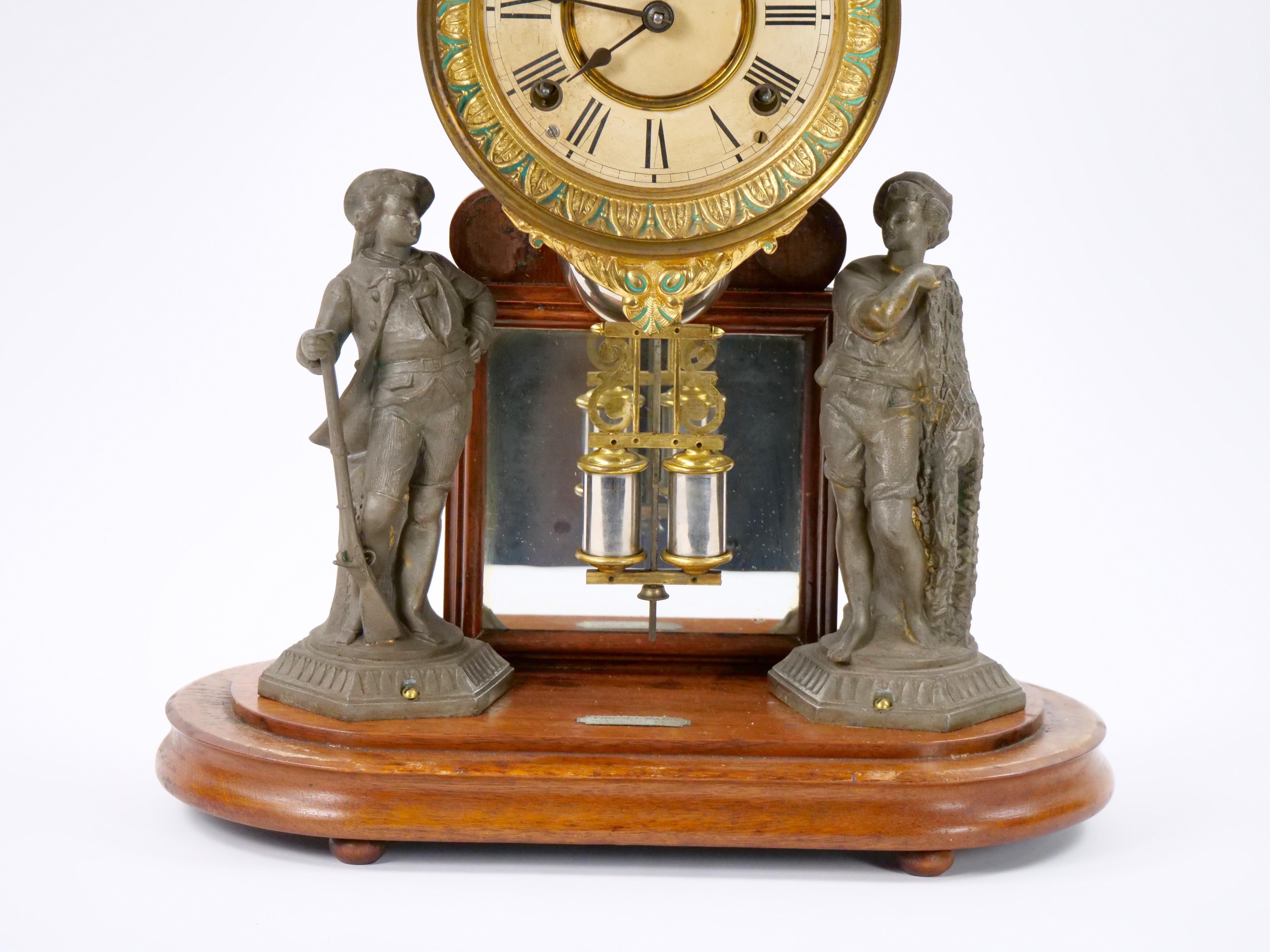 19th Century Glass Dome Bronze / Wood Base Porcelain Face Mantel Clock For Sale