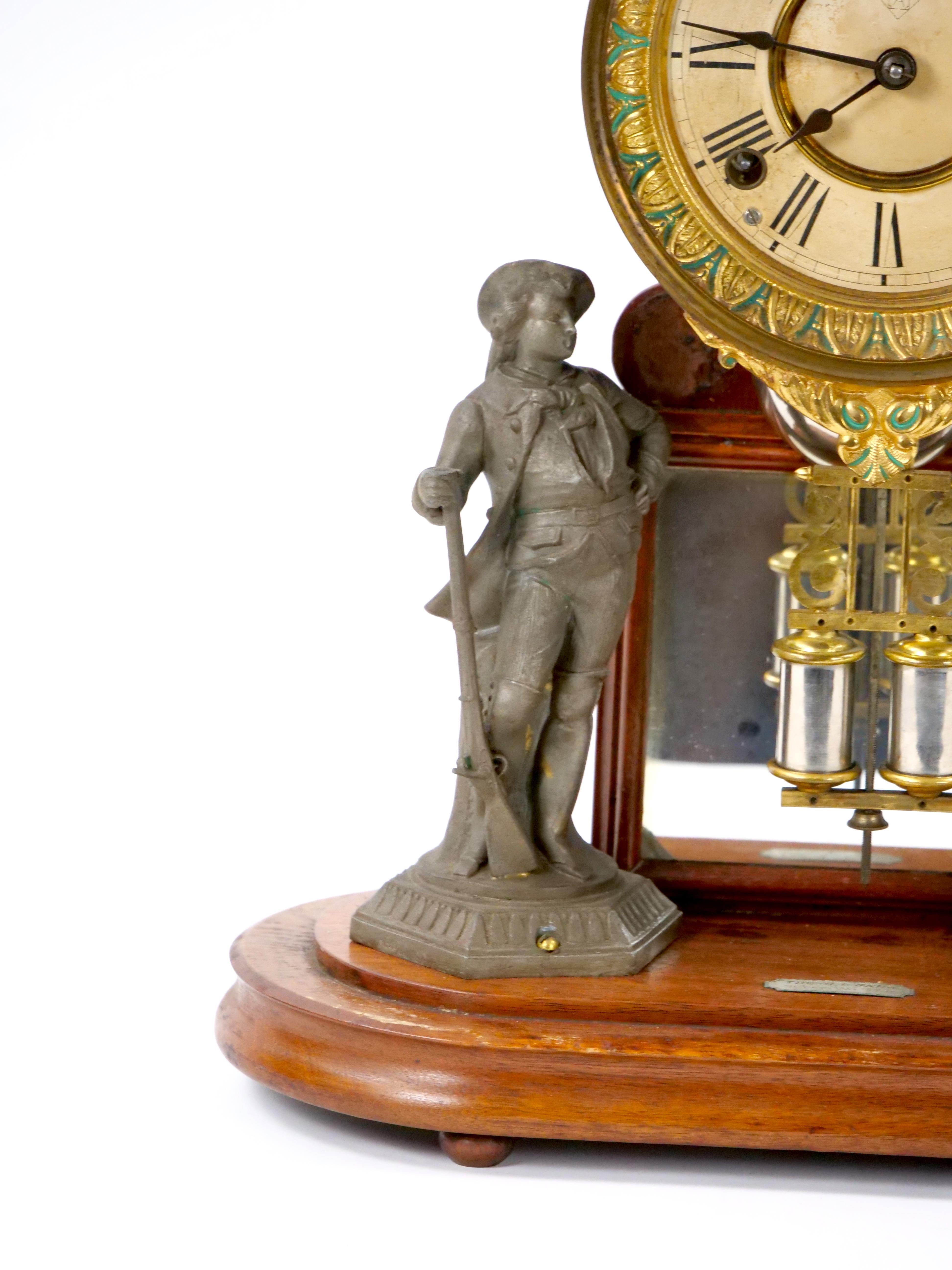 Glass Dome Bronze / Wood Base Porcelain Face Mantel Clock For Sale 1
