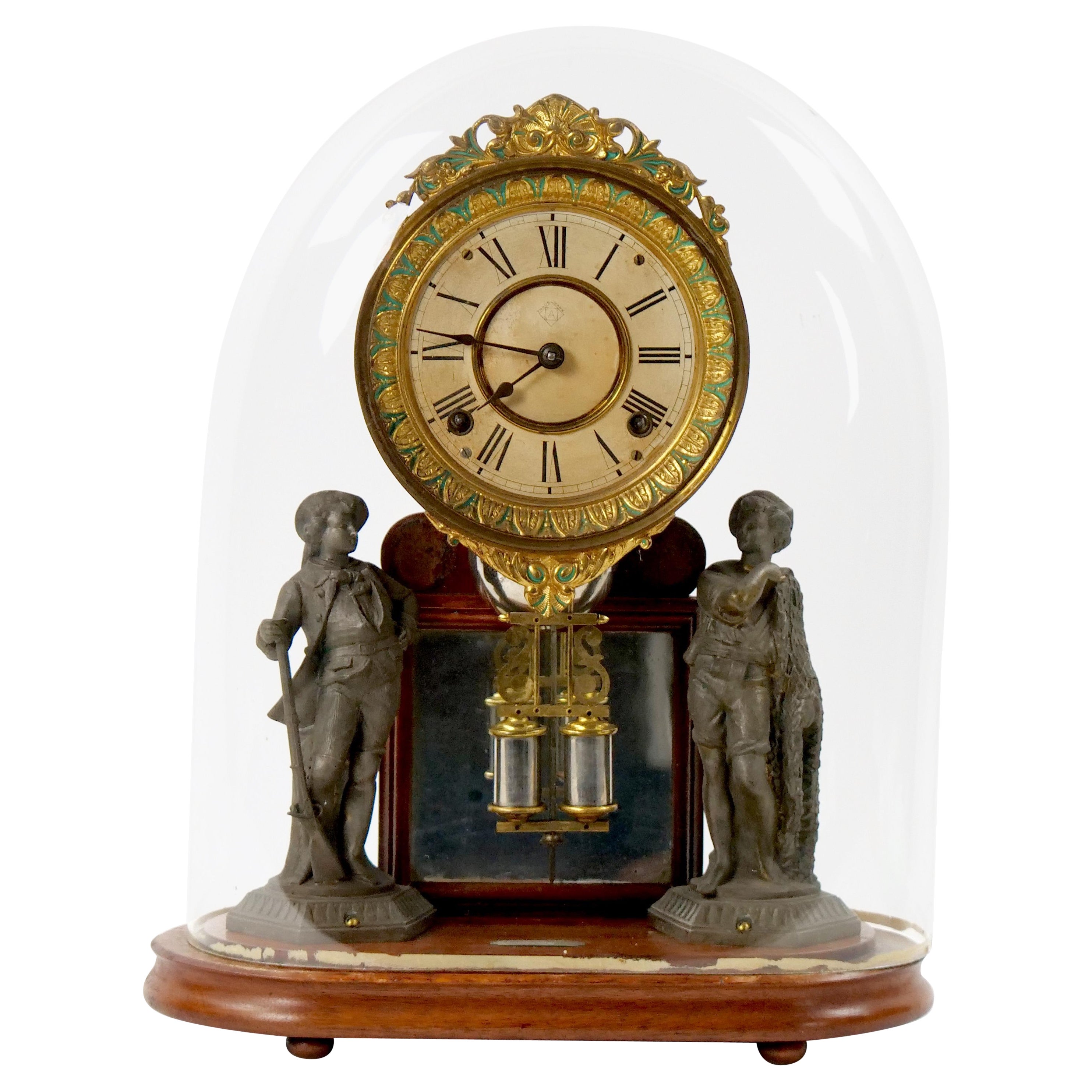 Cúpula de cristal Bronce / Base de madera Reloj de sobremesa con esfera de porcelana