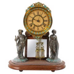 Glass Dome Bronze / Wood Base Porcelain Face Mantel Clock