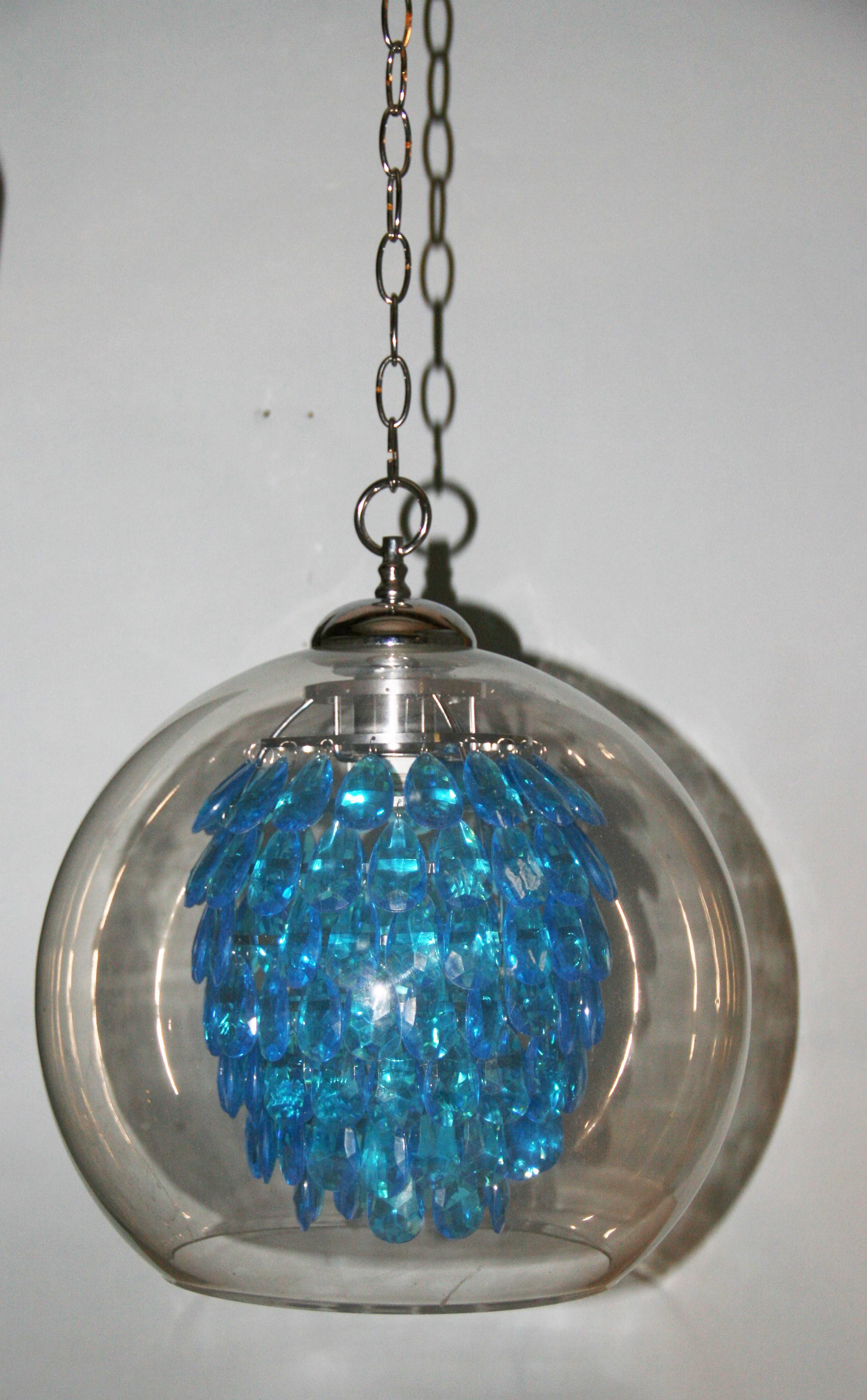 Glass Dome Pendant with Blue Acrylic Prisms In Good Condition In Douglas Manor, NY