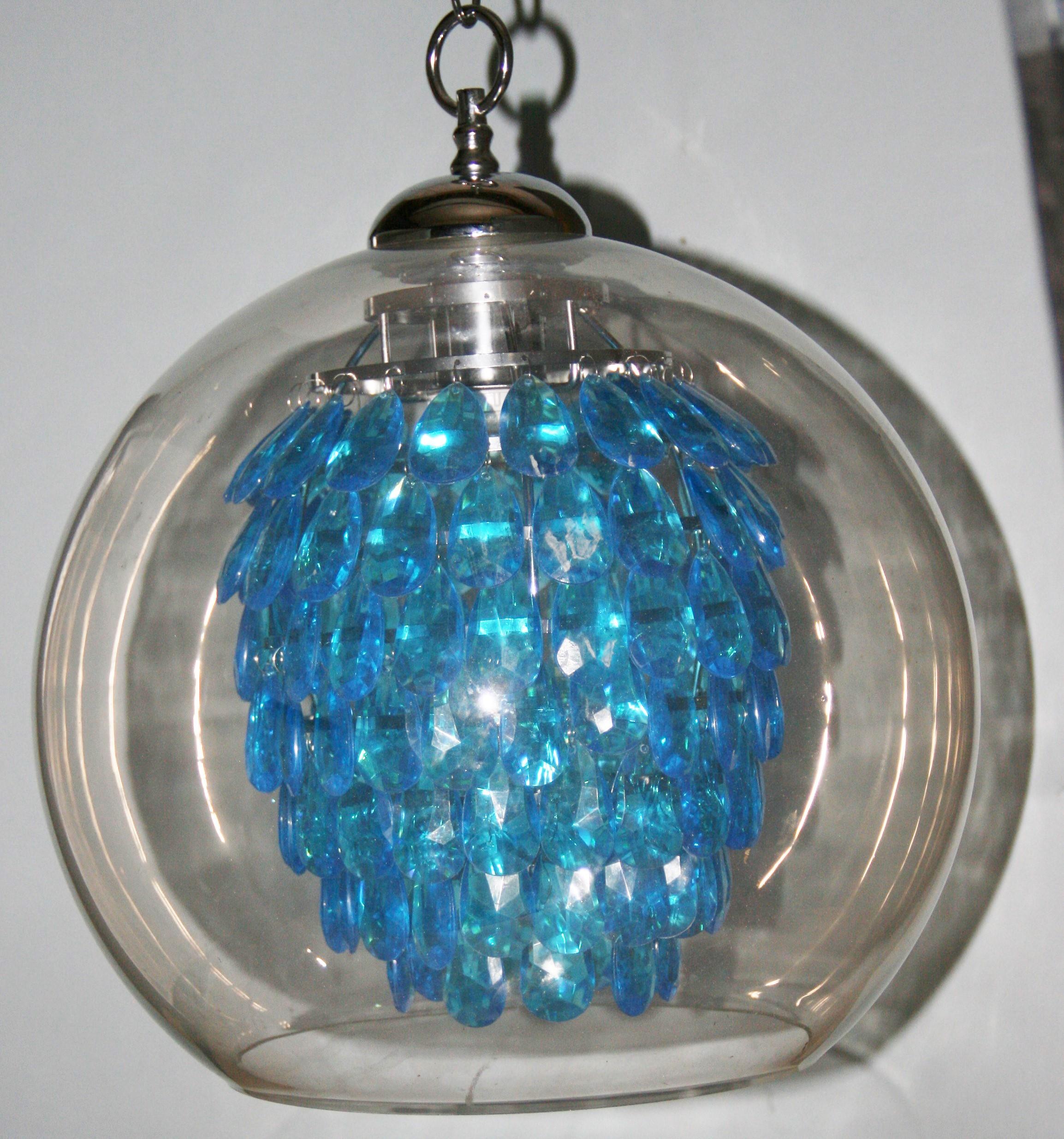 Late 20th Century Glass Dome Pendant with Blue Acrylic Prisms